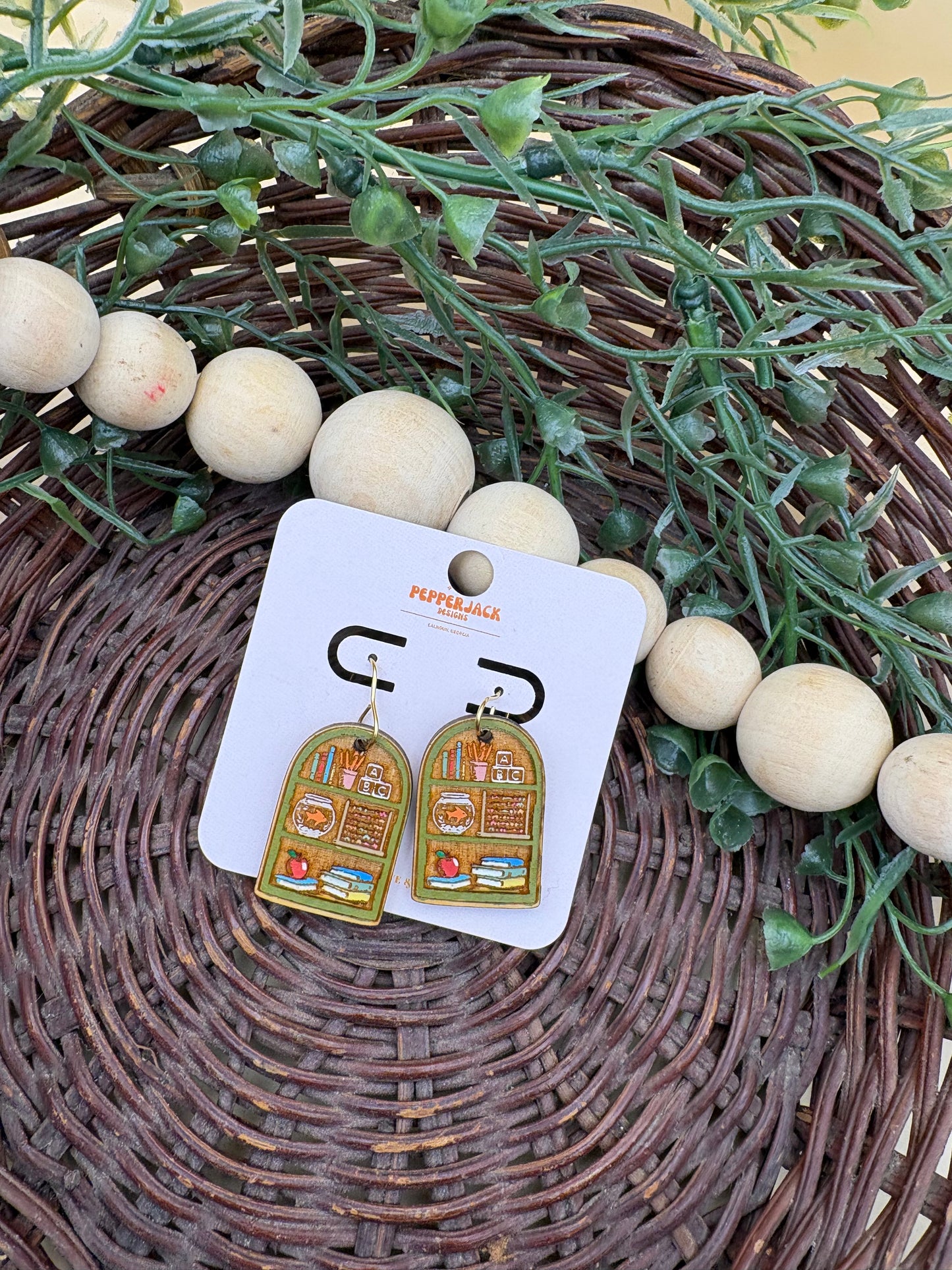 Teacher Bookshelf Wooden Dangle Earrings