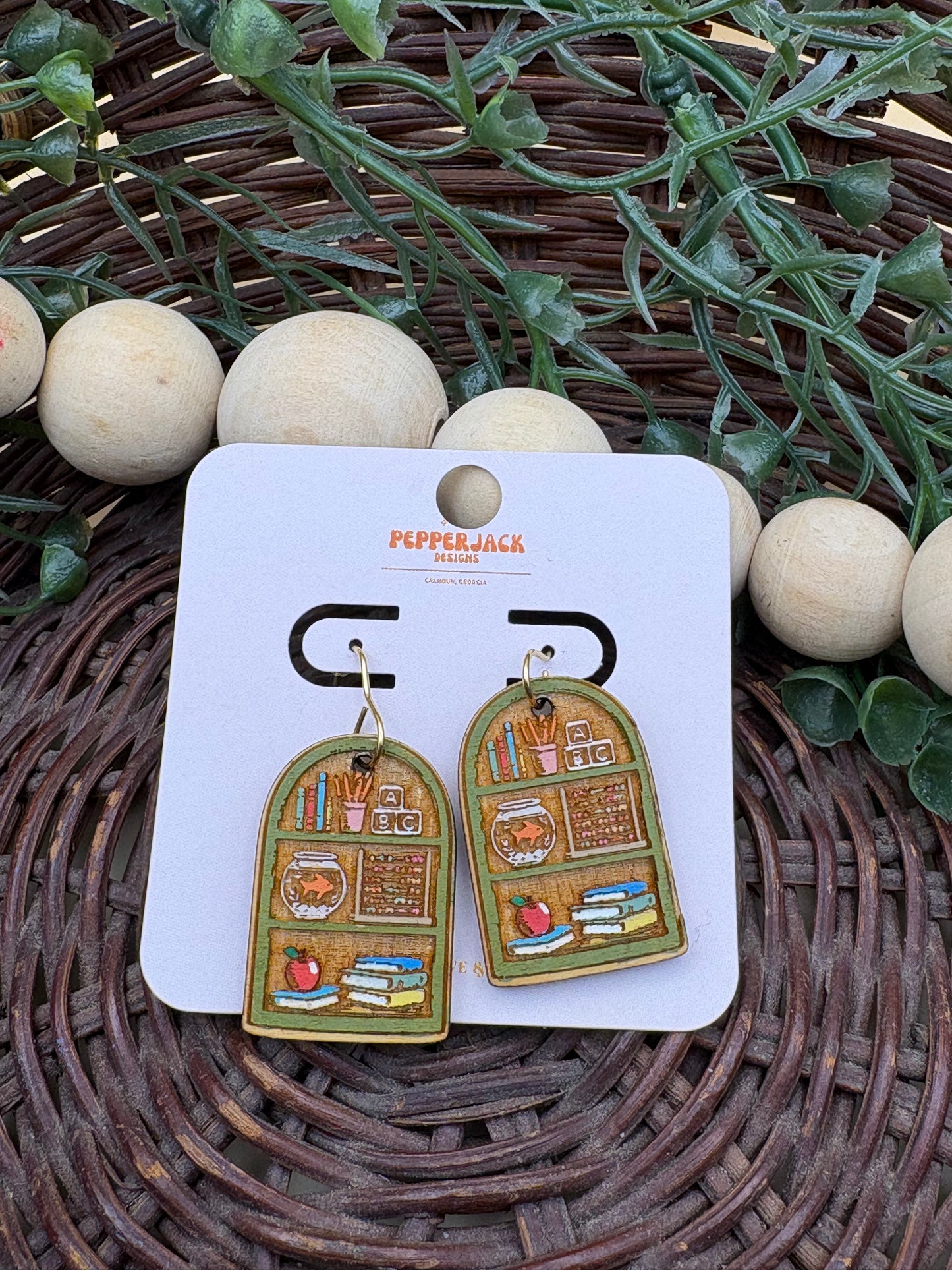 Teacher Bookshelf Wooden Dangle Earrings