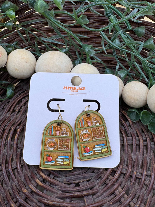 Teacher Bookshelf Wooden Dangle Earrings
