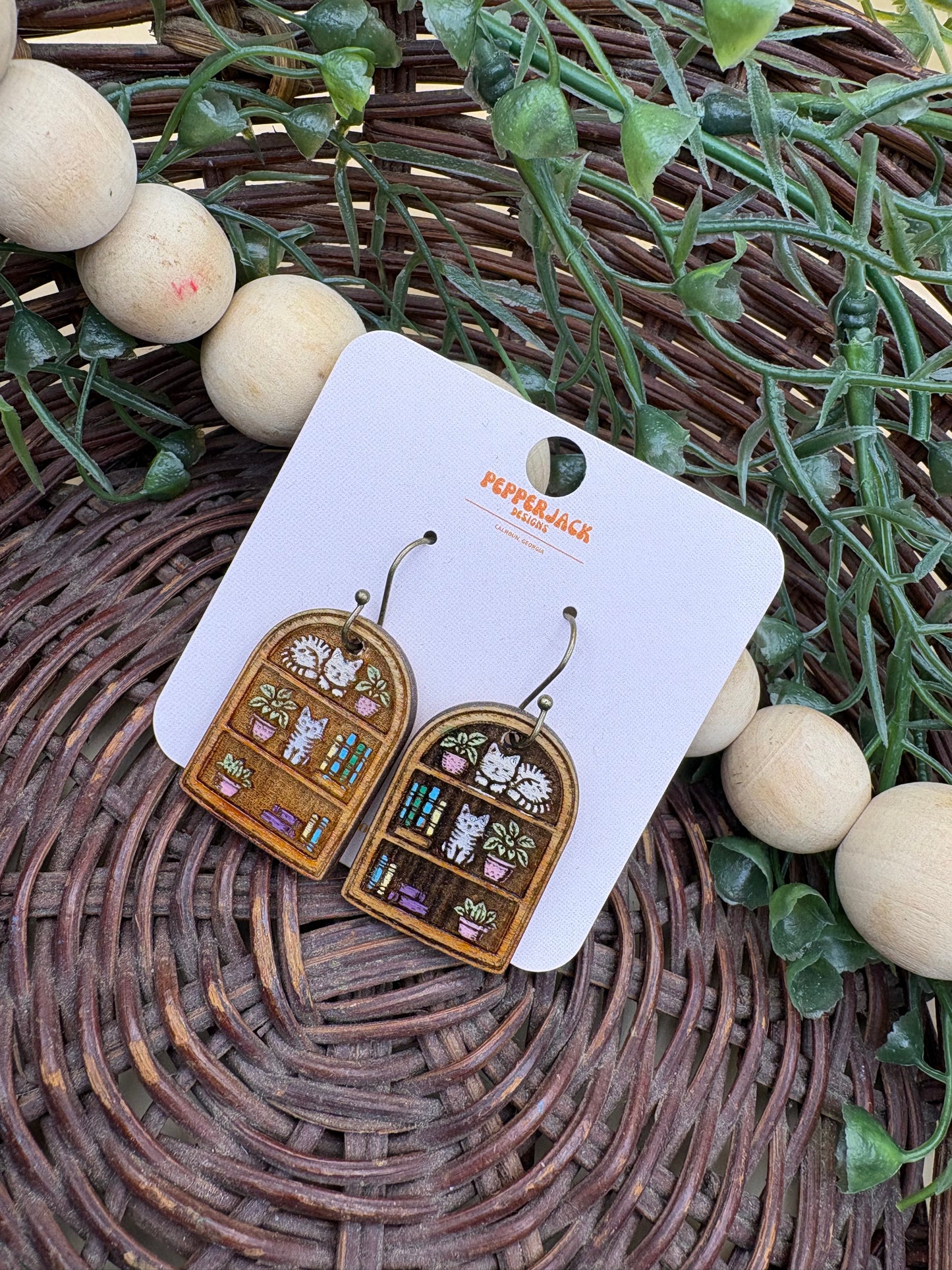 Cat Bookshelf Wooden Dangle Earrings