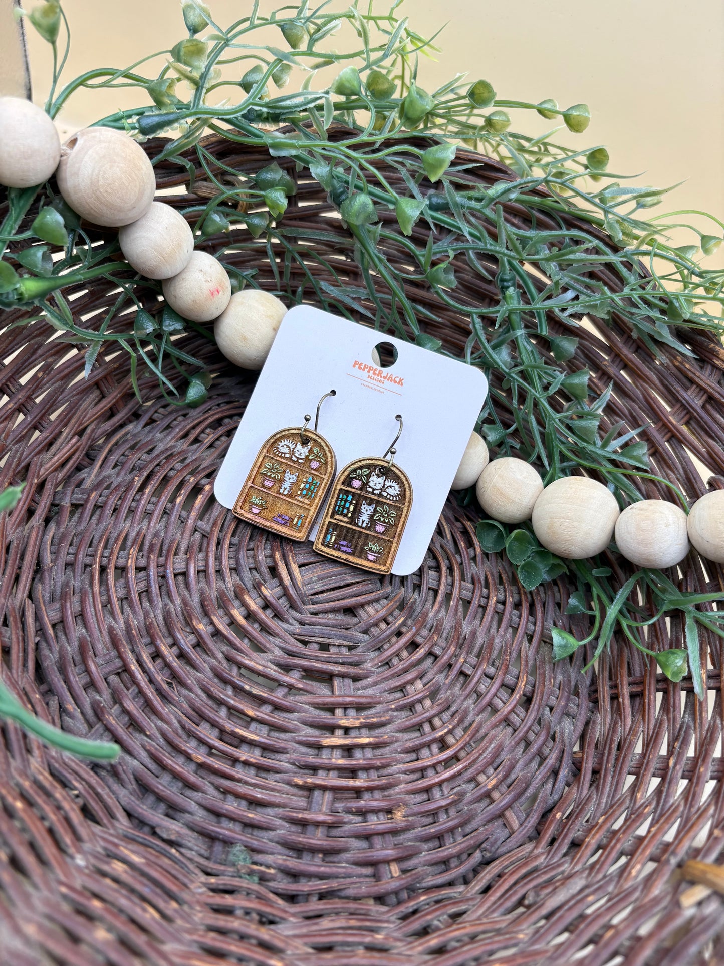 Cat Bookshelf Wooden Dangle Earrings