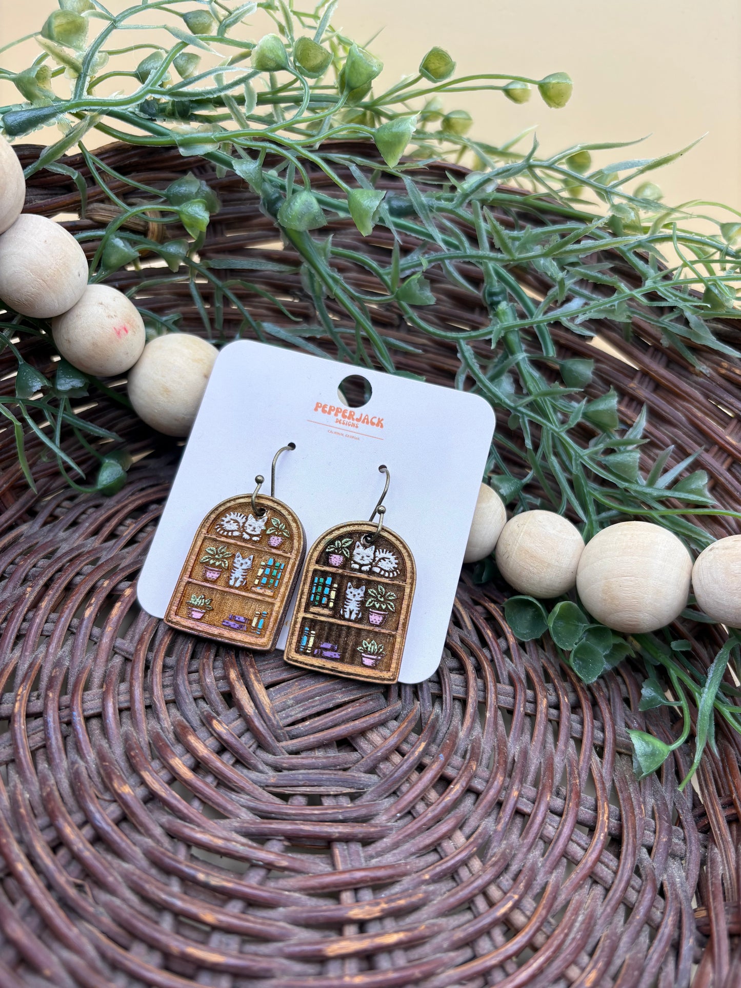 Cat Bookshelf Wooden Dangle Earrings