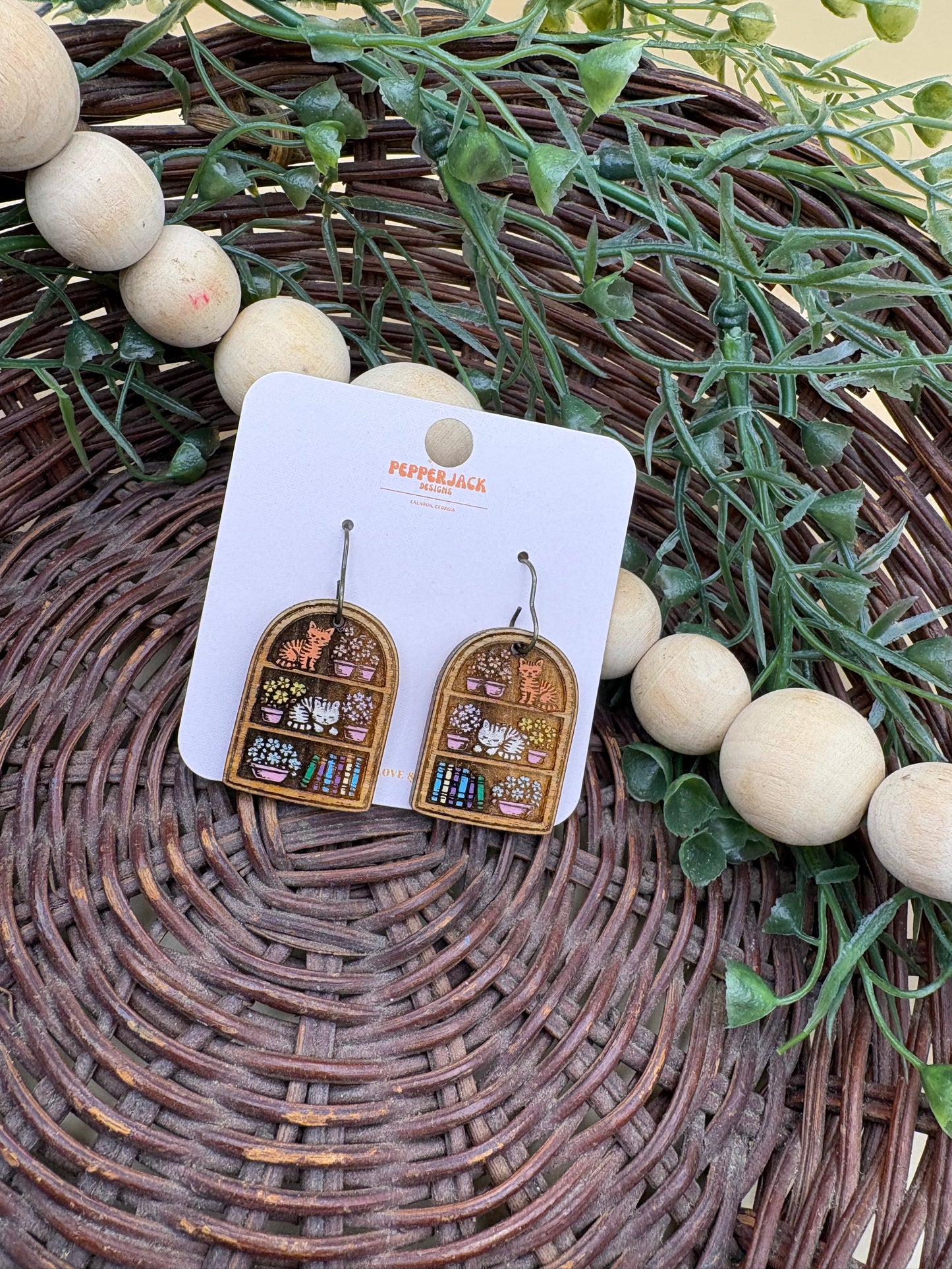 Cat Bookshelf Wooden Dangle Earrings