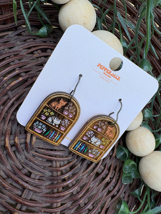 Cat Bookshelf Wooden Dangle Earrings