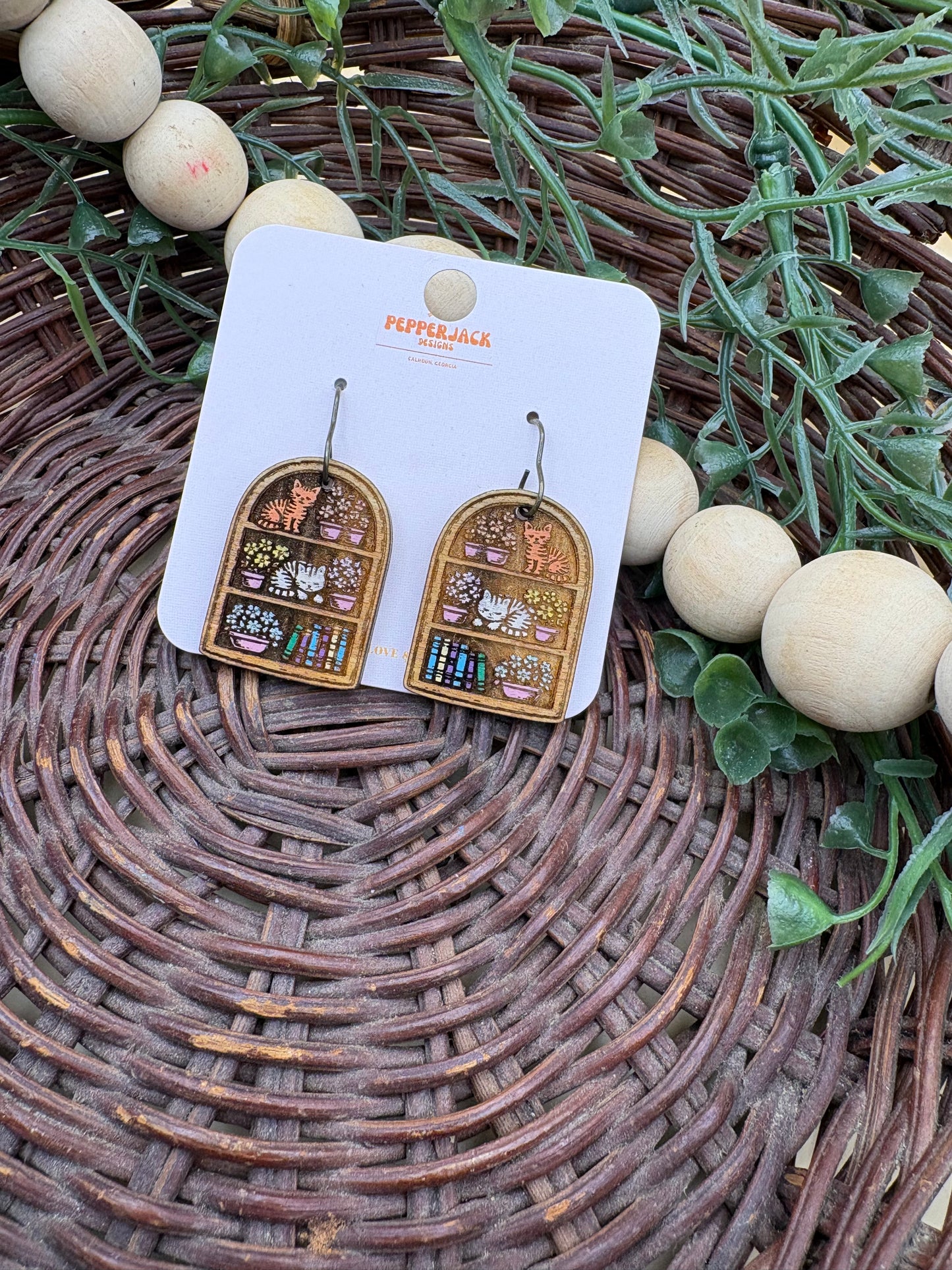 Cat Bookshelf Wooden Dangle Earrings