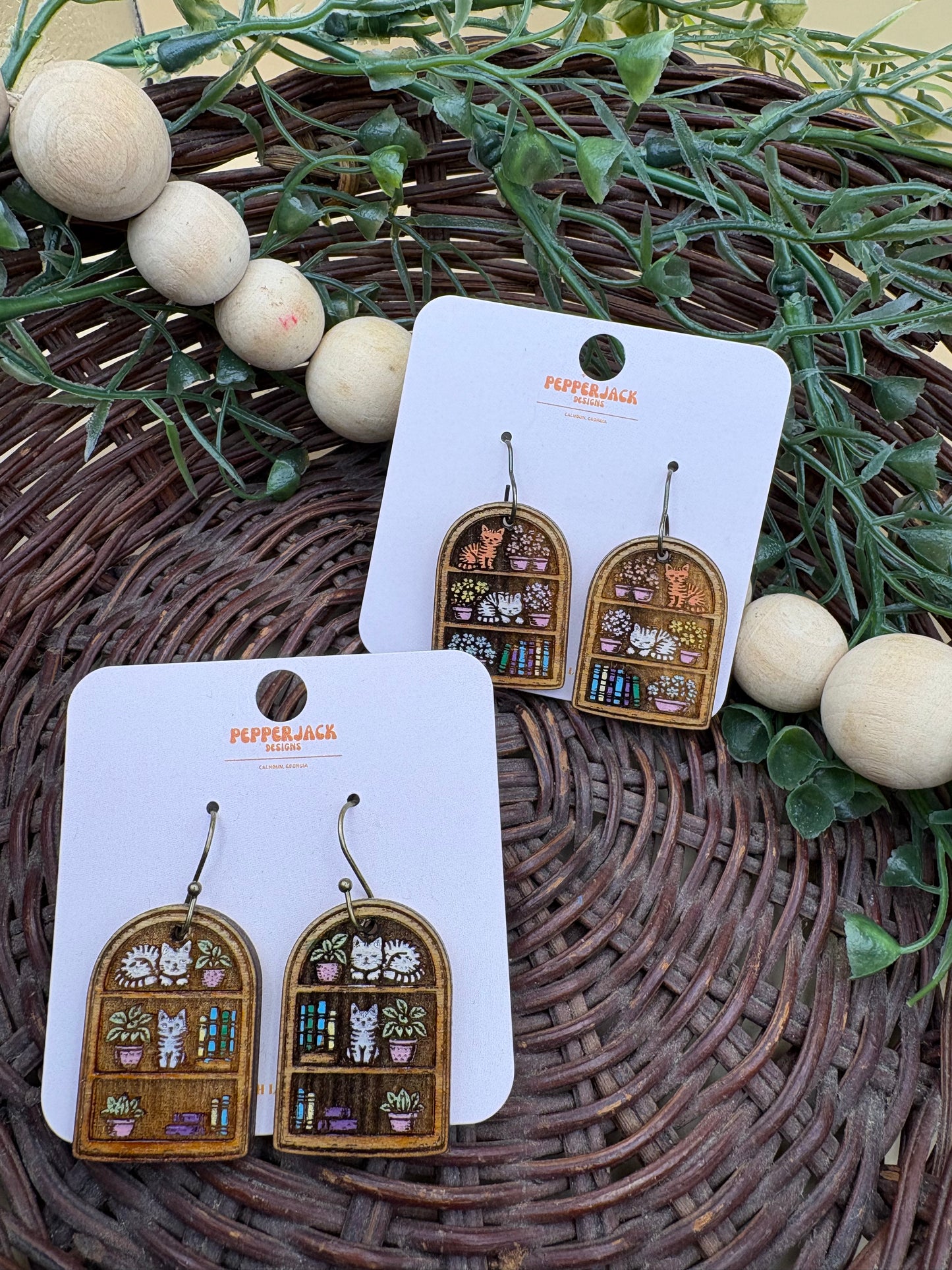 Cat Bookshelf Wooden Dangle Earrings