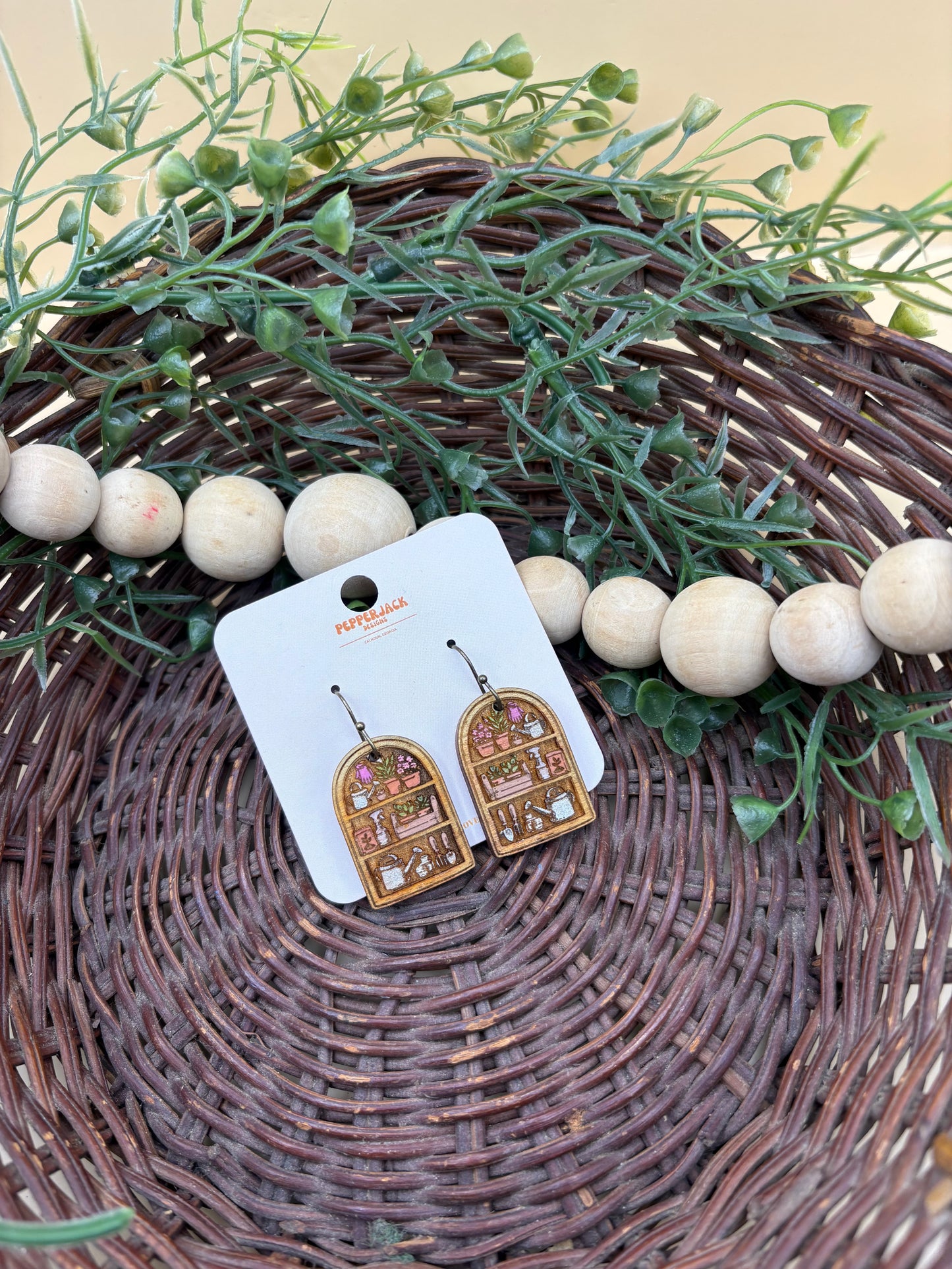 Garden Bookshelf Wooden Dangle Earrings