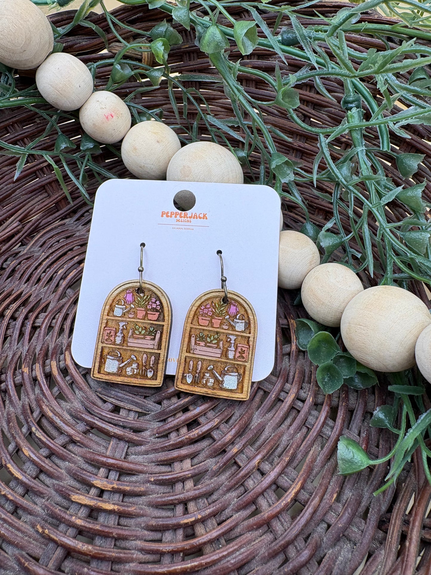 Garden Bookshelf Wooden Dangle Earrings