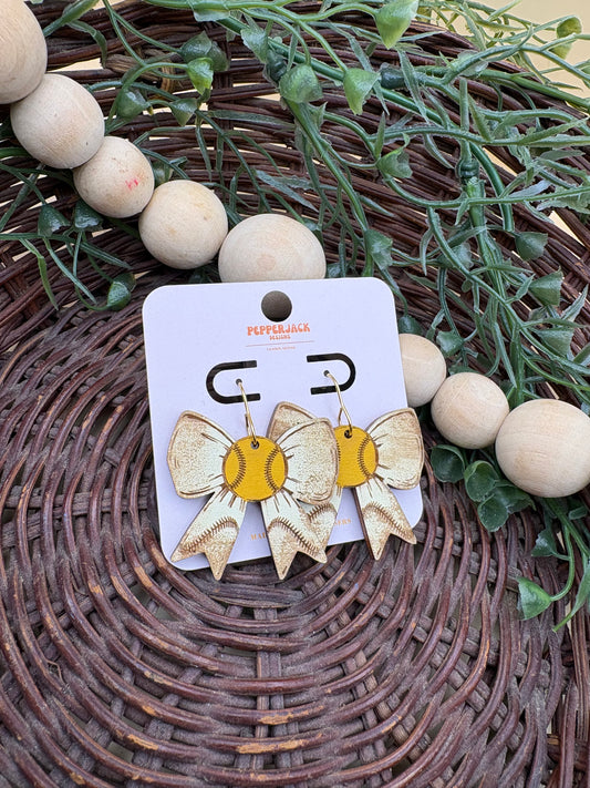 Softball Bow Wooden Dangle Earrings