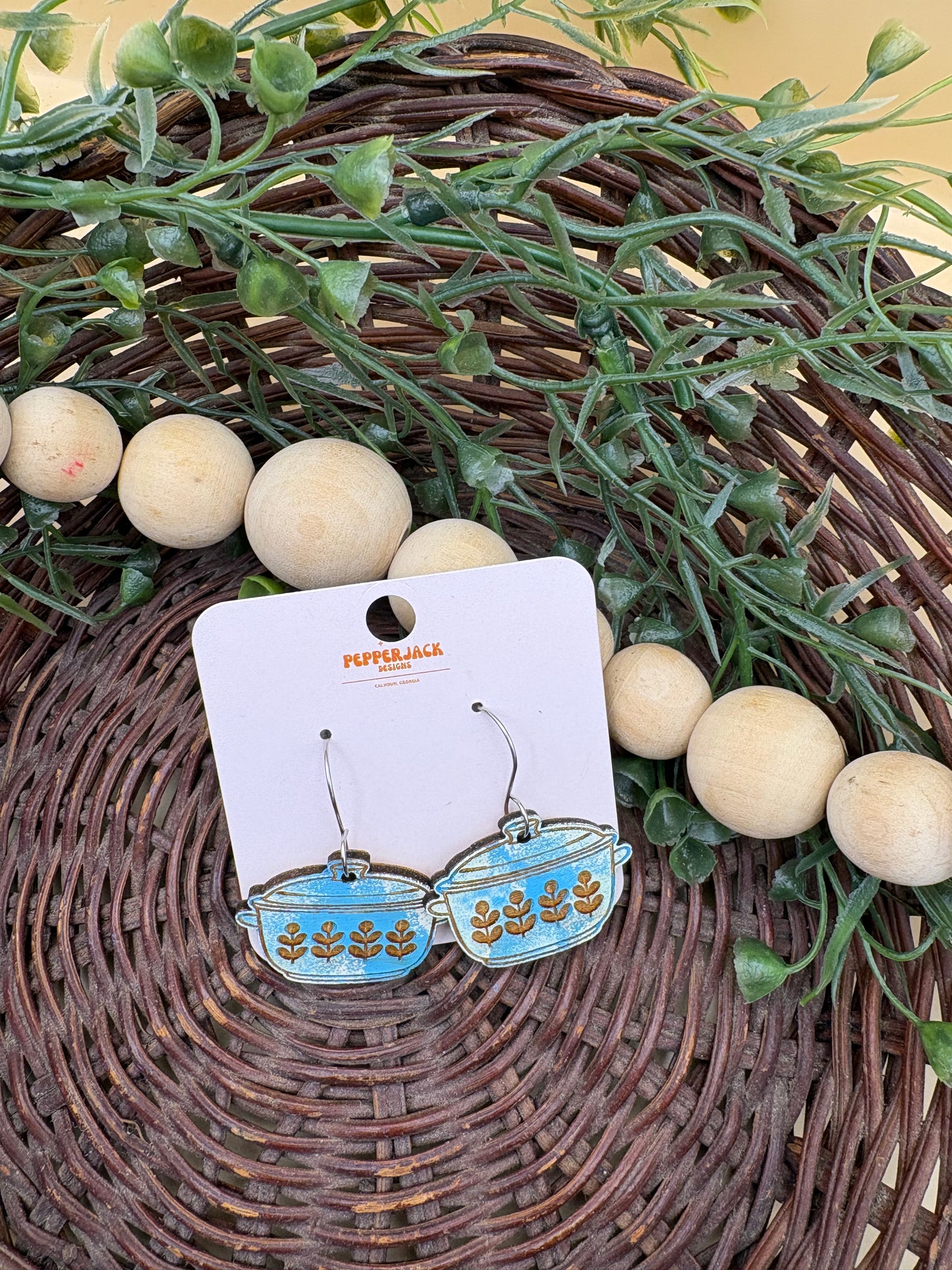 Vintage Casserole Dish Wooden Dangle Earrings