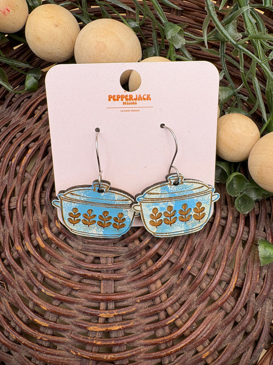 Vintage Casserole Dish Wooden Dangle Earrings
