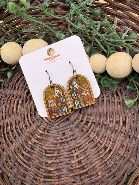 Dog Bookshelf Wooden Dangle Earrings