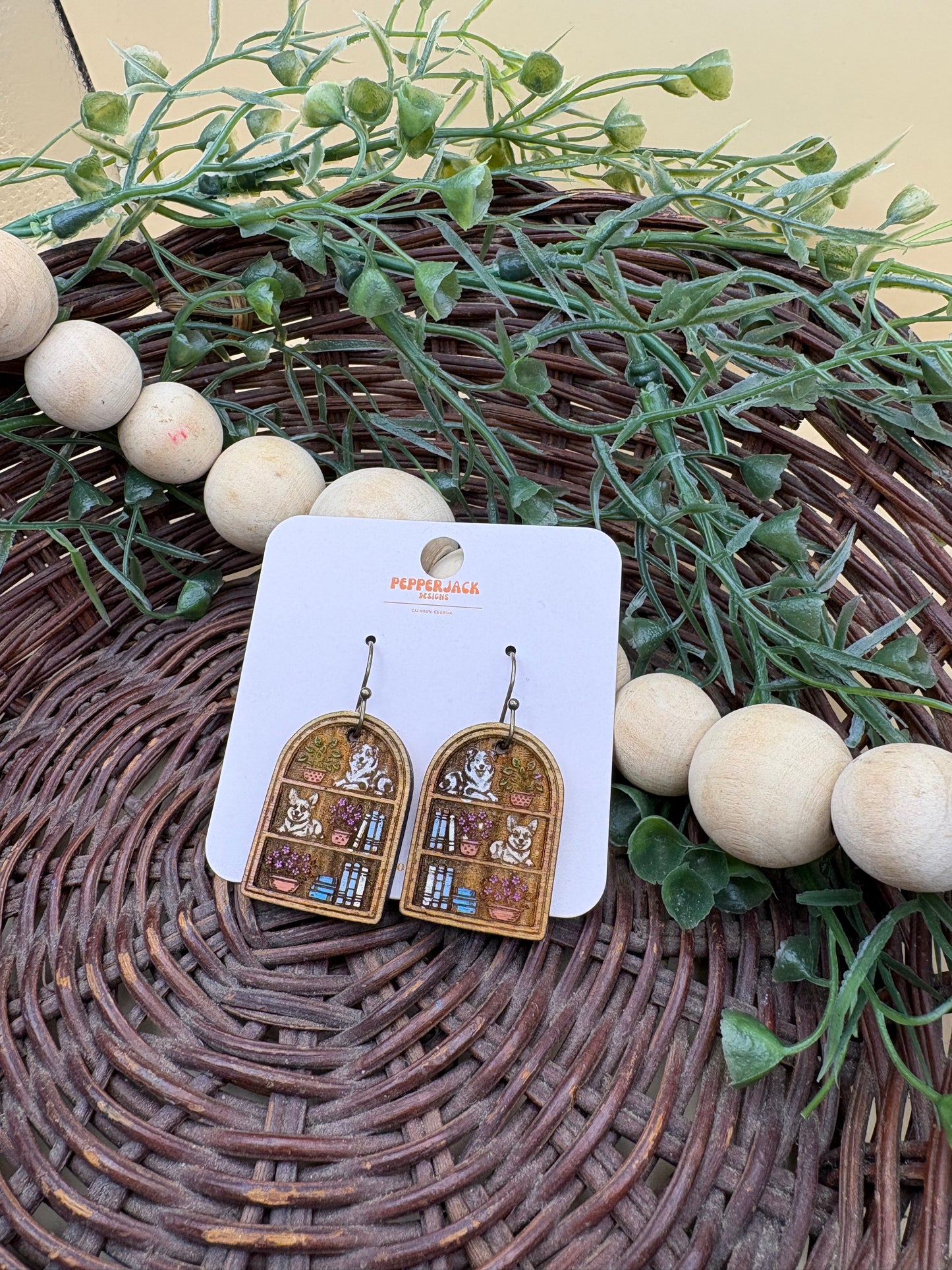 Dog Bookshelf Wooden Dangle Earrings