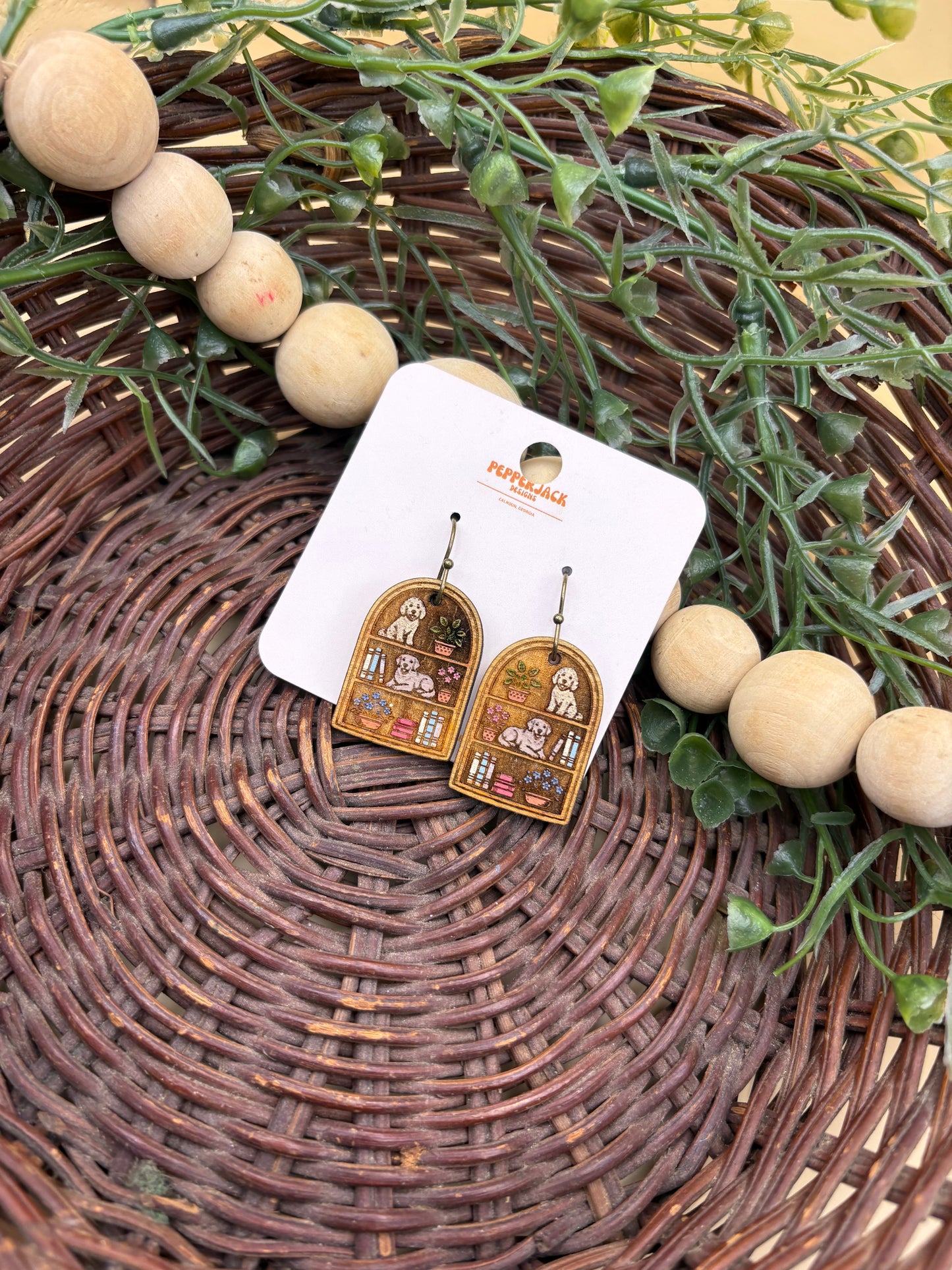 Dog Bookshelf Wooden Dangle Earrings