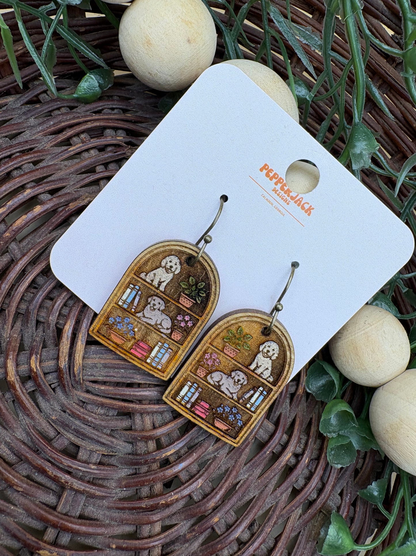 Dog Bookshelf Wooden Dangle Earrings