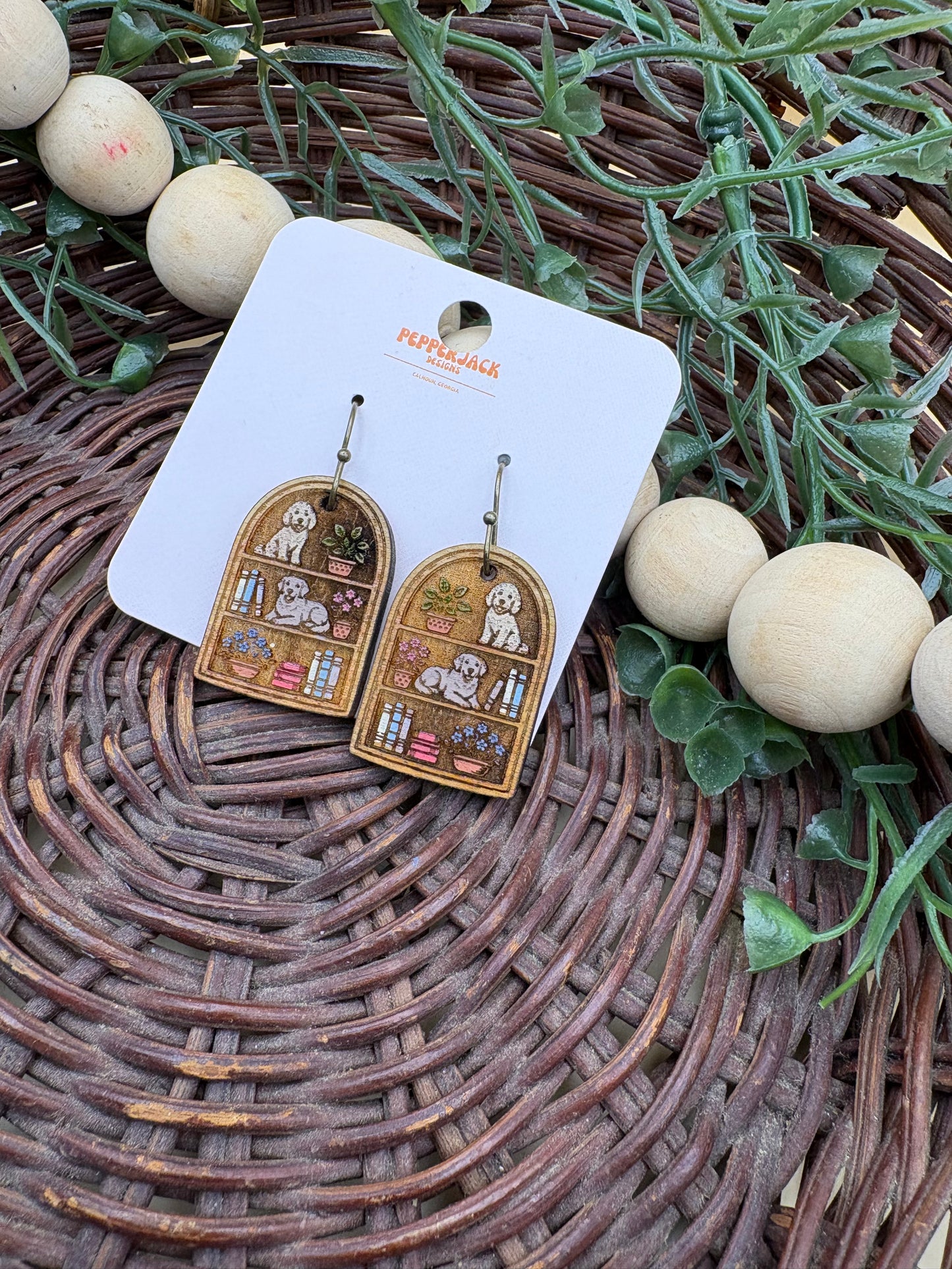 Dog Bookshelf Wooden Dangle Earrings