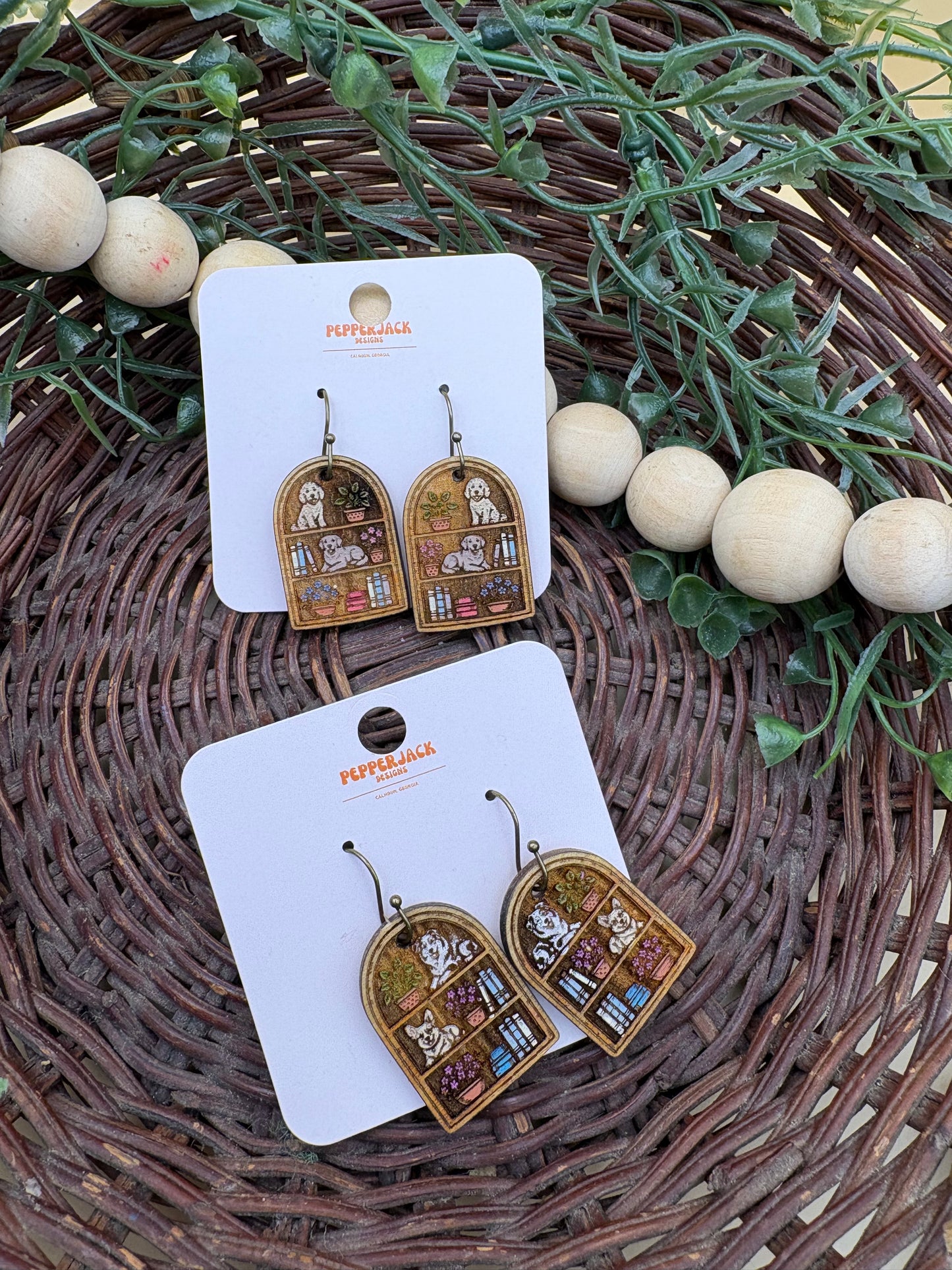 Dog Bookshelf Wooden Dangle Earrings