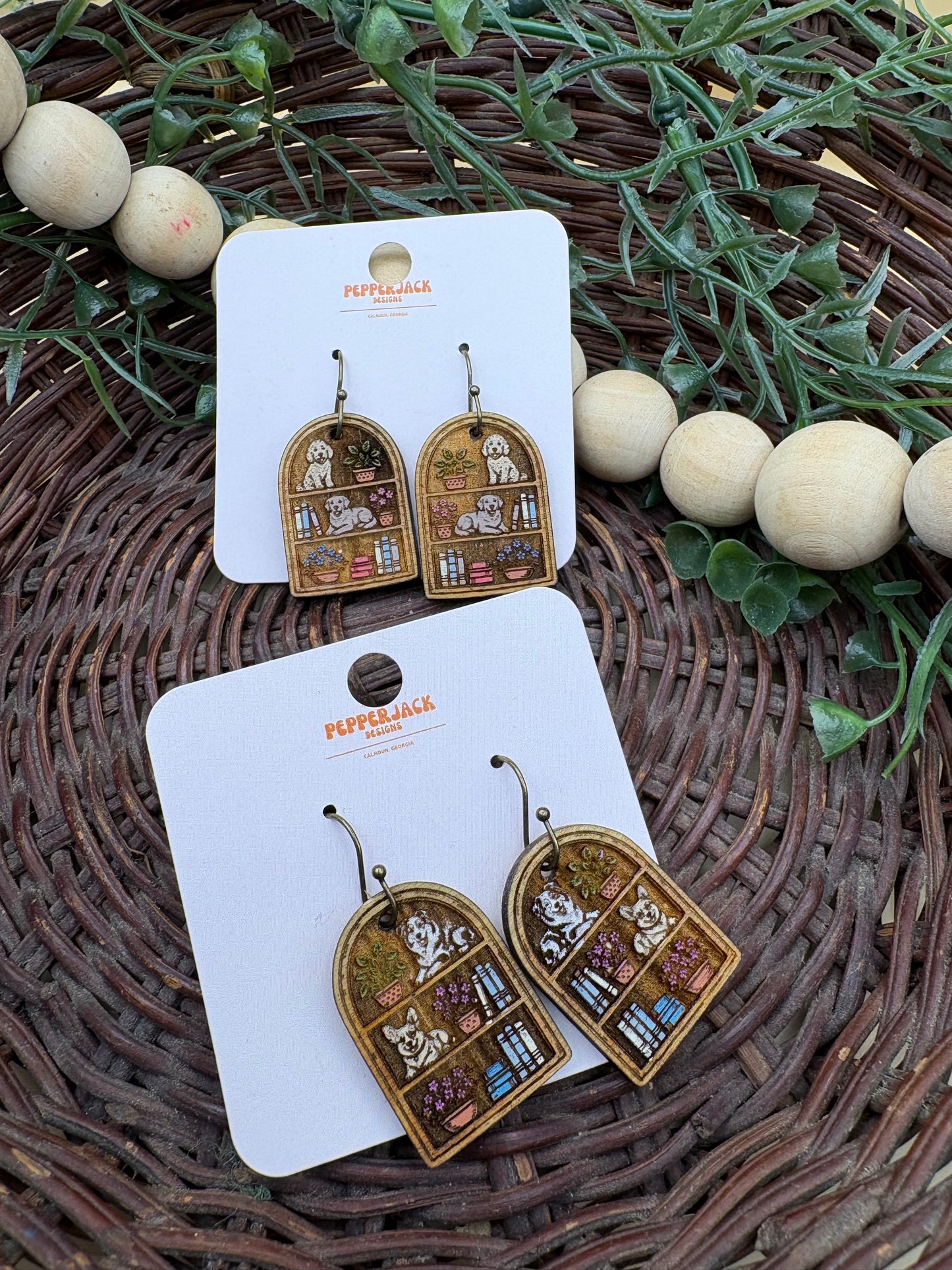 Dog Bookshelf Wooden Dangle Earrings