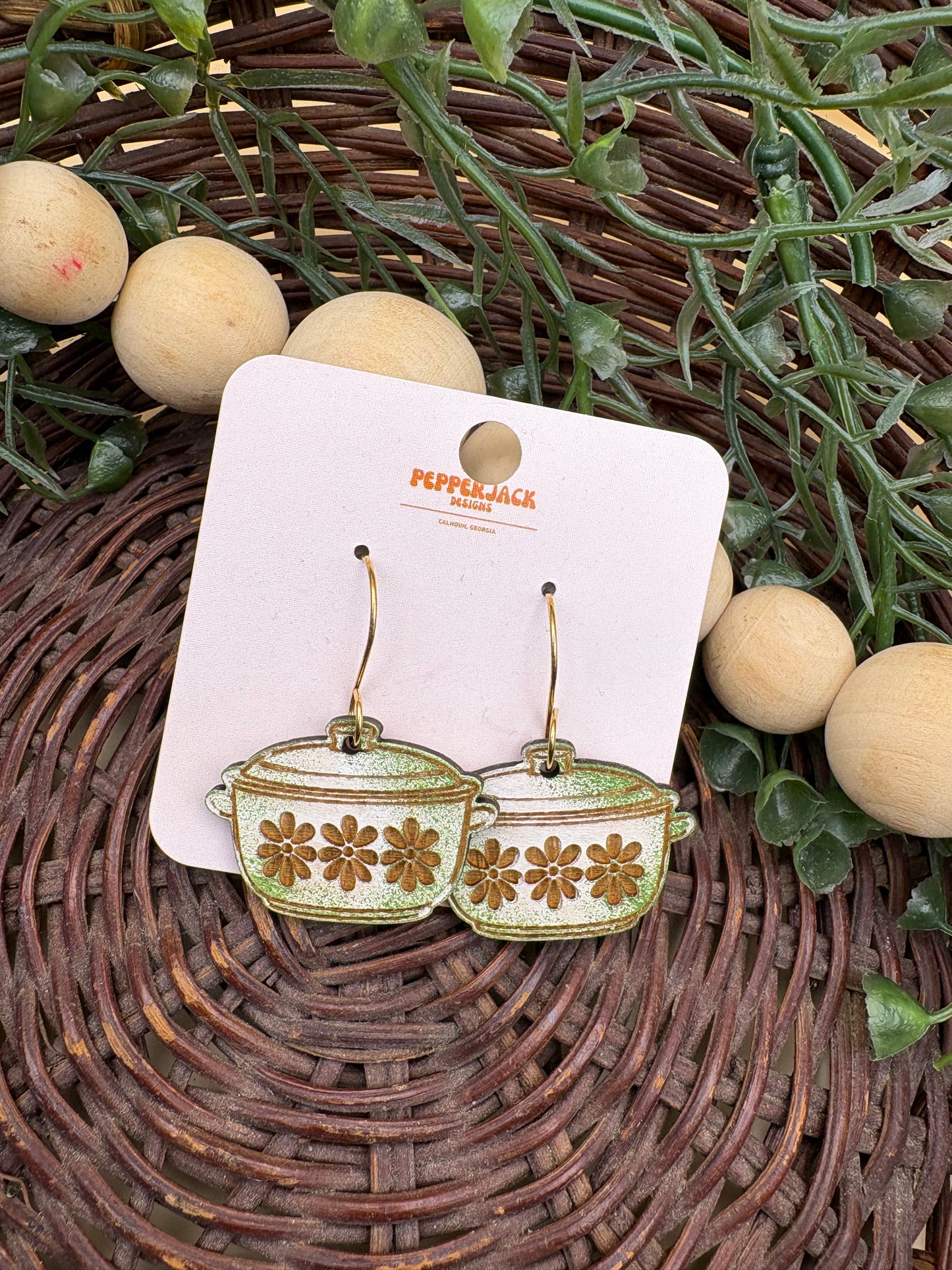 Vintage Casserole Dish Wooden Dangle Earrings