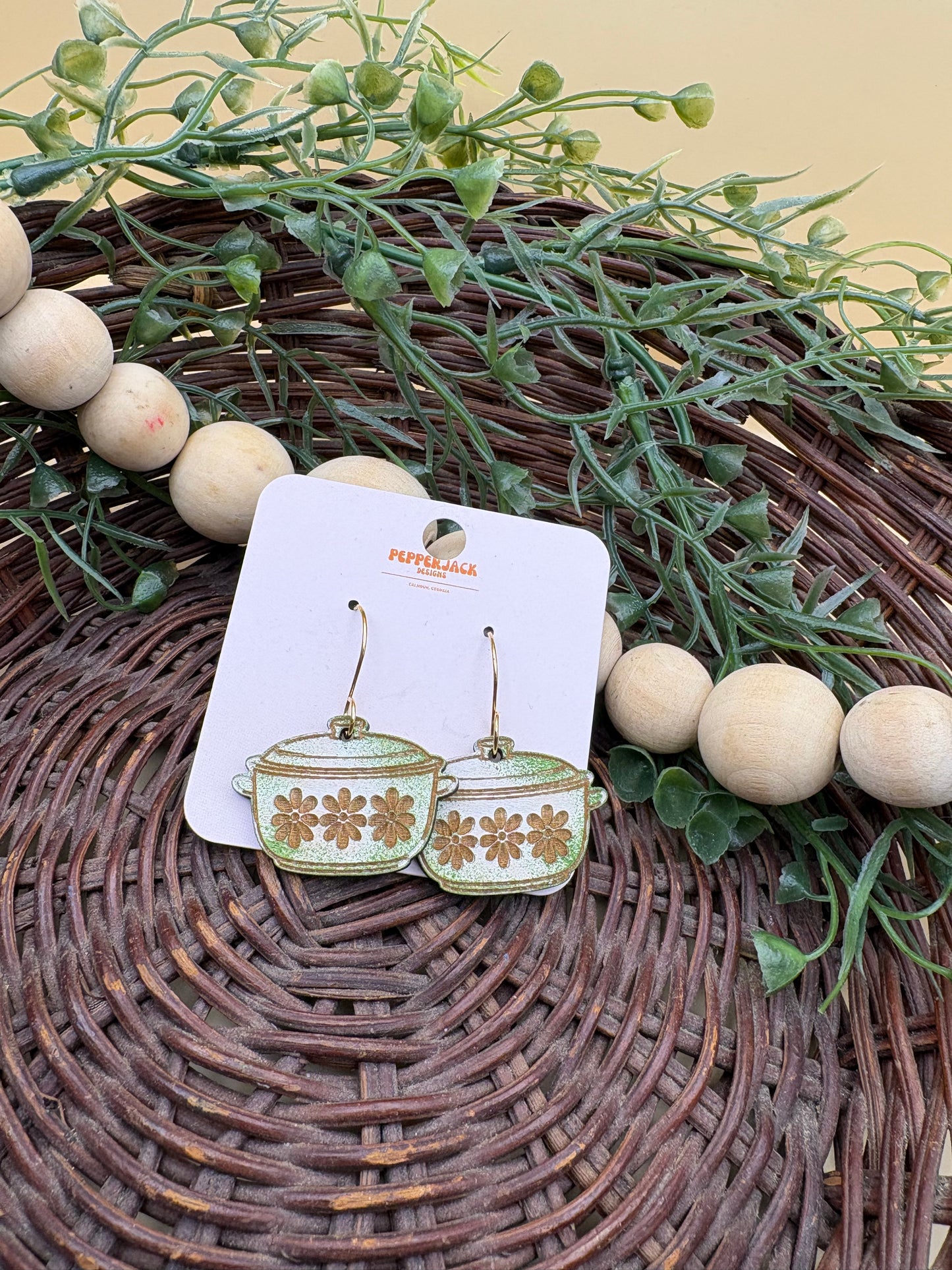 Vintage Casserole Dish Wooden Dangle Earrings