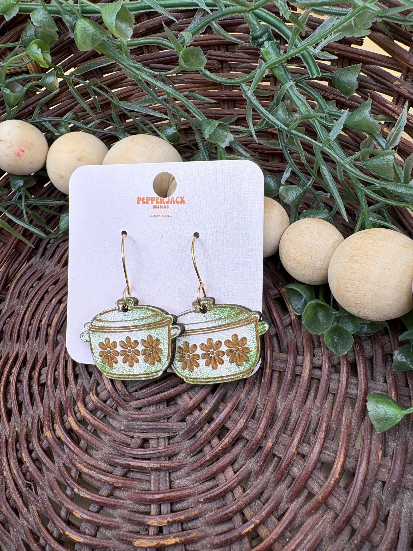 Vintage Casserole Dish Wooden Dangle Earrings