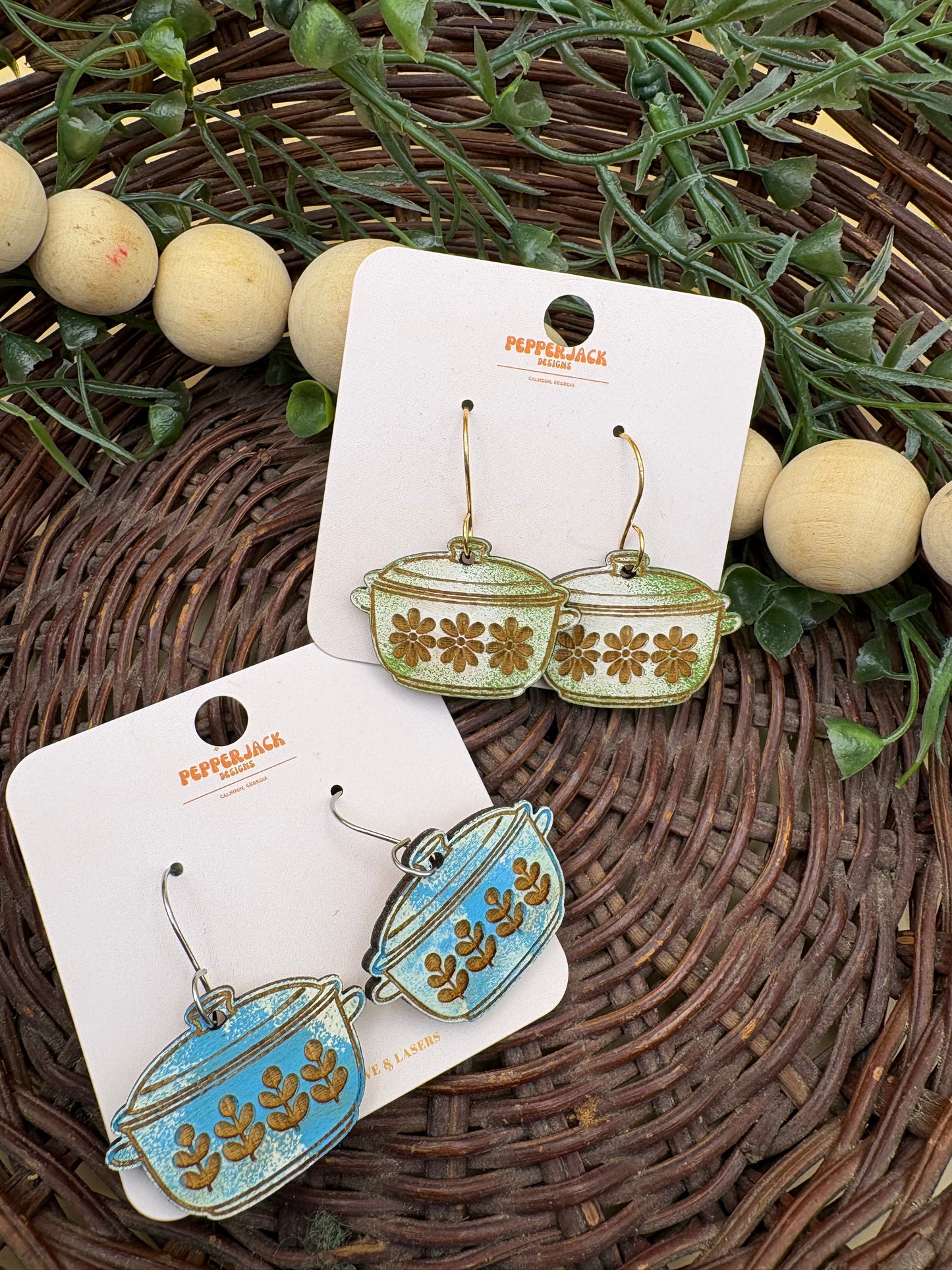Vintage Casserole Dish Wooden Dangle Earrings