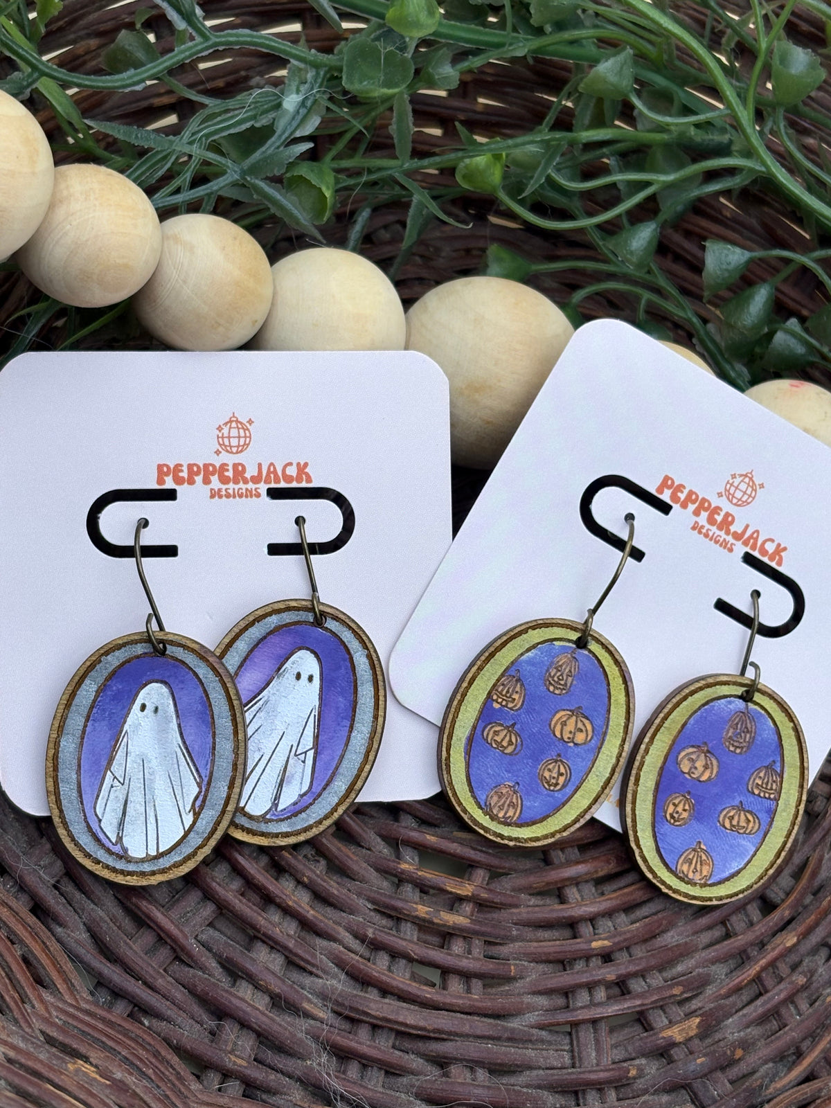 Halloween Wooden Earrings | Hand Painted Ghost Earrings | Pumpkin Earrings | Spooky Season Jewelry | Fall Earrings | Halloween Gift