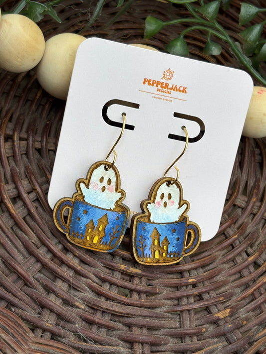 Ghost Mug Earrings | Halloween Earrings | Cute Ghost Earrings | Hand Painted Wooden Earrings | Spooky Coffee Earrings | Halloween Jewelry