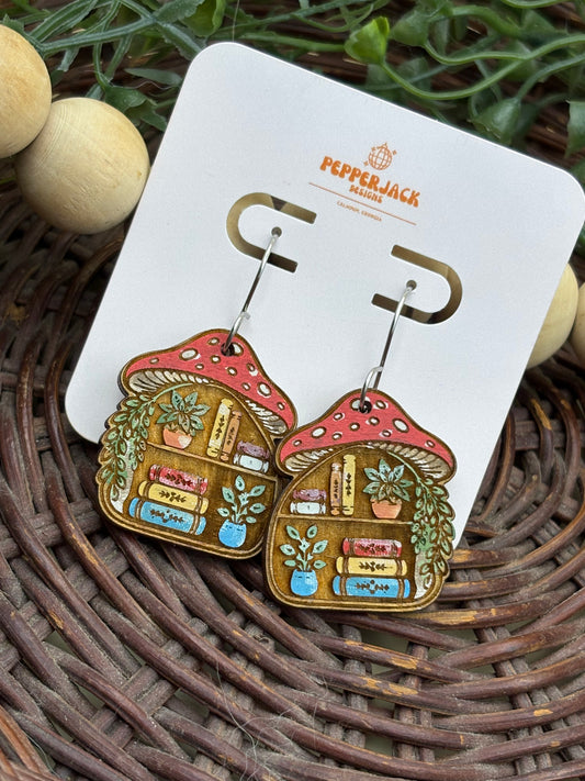Mushroom Earrings | Book Lover Earrings | Cottagecore Wooden Earrings | Hand Painted Bookish Jewelry | Plant Lover Gift | Fall Earrings