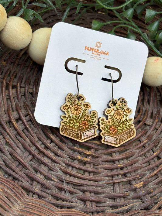 Book Lover Earrings | Floral Book Earrings | Hand Painted Wooden Earrings | Cottagecore Jewelry | Librarian Teacher Gift | Bookish Earrings