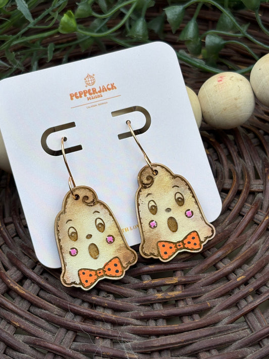 Retro Halloween Earrings | Ghost Pumpkin Black Cat Earrings | Hand Painted Wooden Earrings | Vintage Halloween Jewelry | Spooky Earrings
