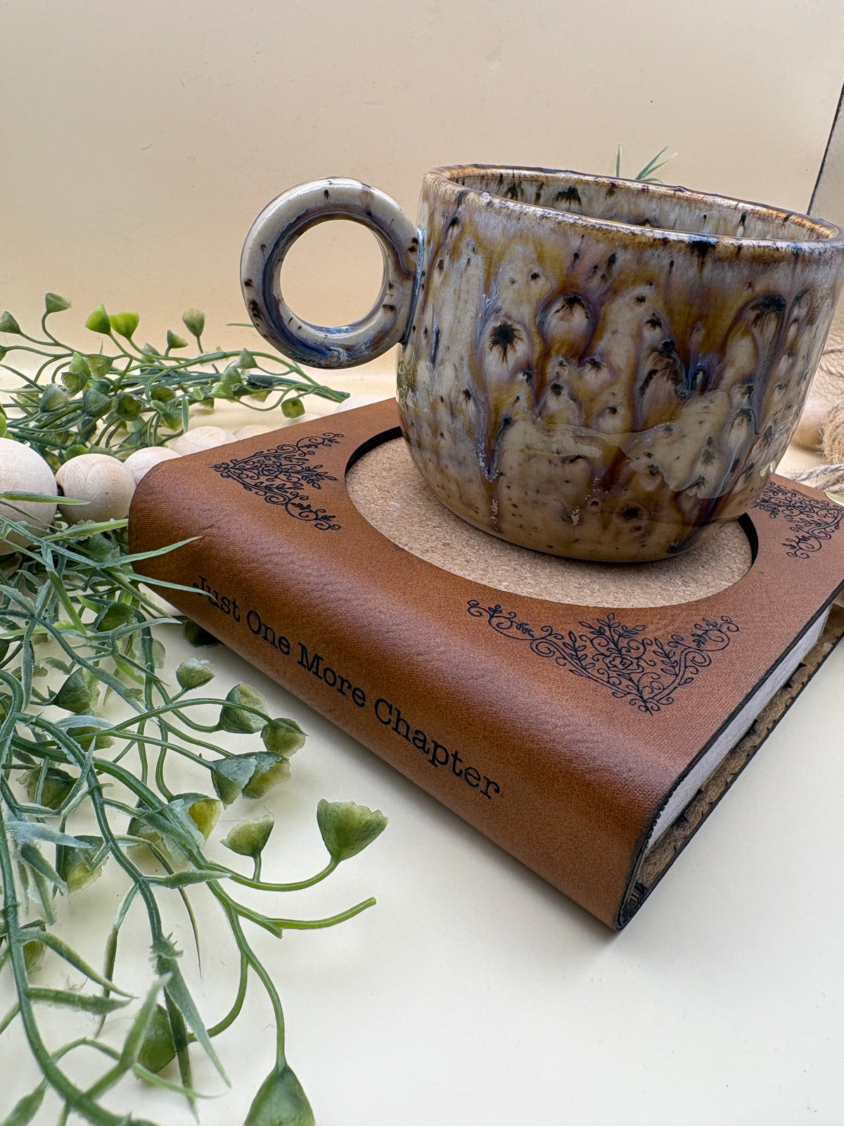 Book Coaster with Hidden Storage, Wood & Leather Drink Coaster, Cork Mug Coaster, Book Lover Gift, Reader Gift, Bookish Home Decor