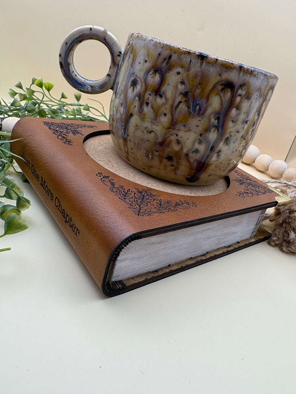 Book Coaster with Hidden Storage, Wood & Leather Drink Coaster, Cork Mug Coaster, Book Lover Gift, Reader Gift, Bookish Home Decor