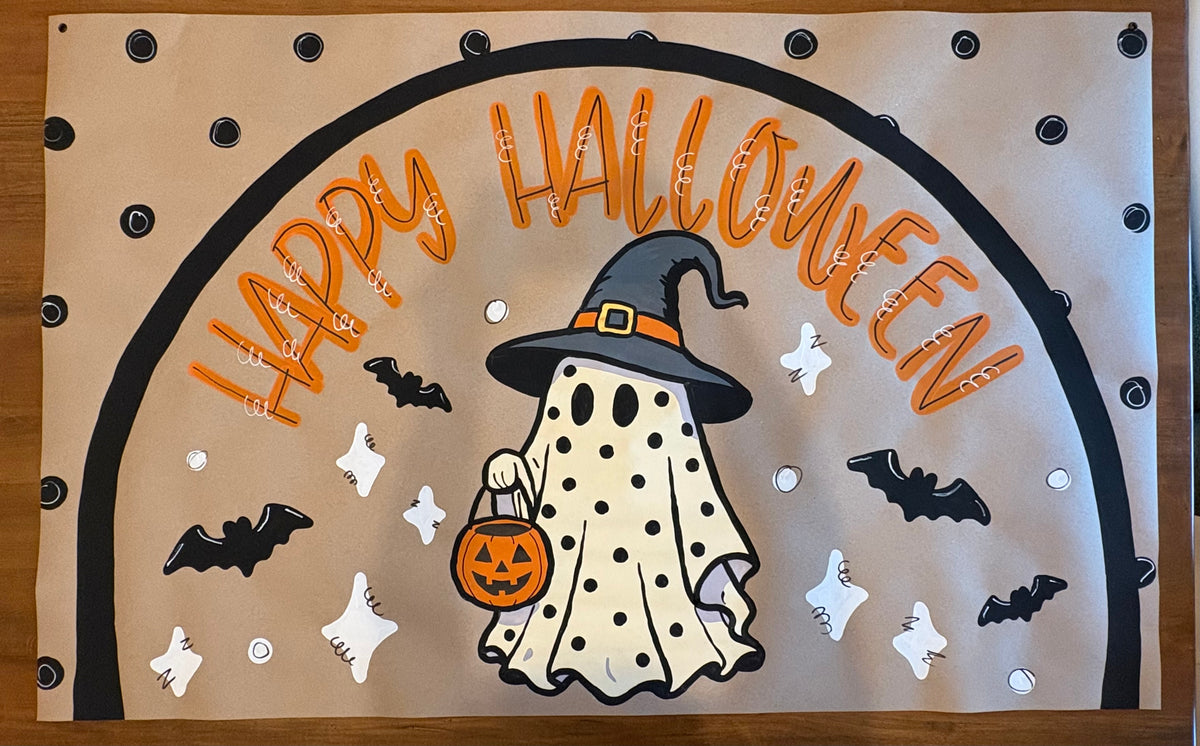 Hand Painted Halloween Banner, Happy Halloween Sign, 35x60 Halloween Party Backdrop, Ghost Witch Banner, Halloween Porch Decor