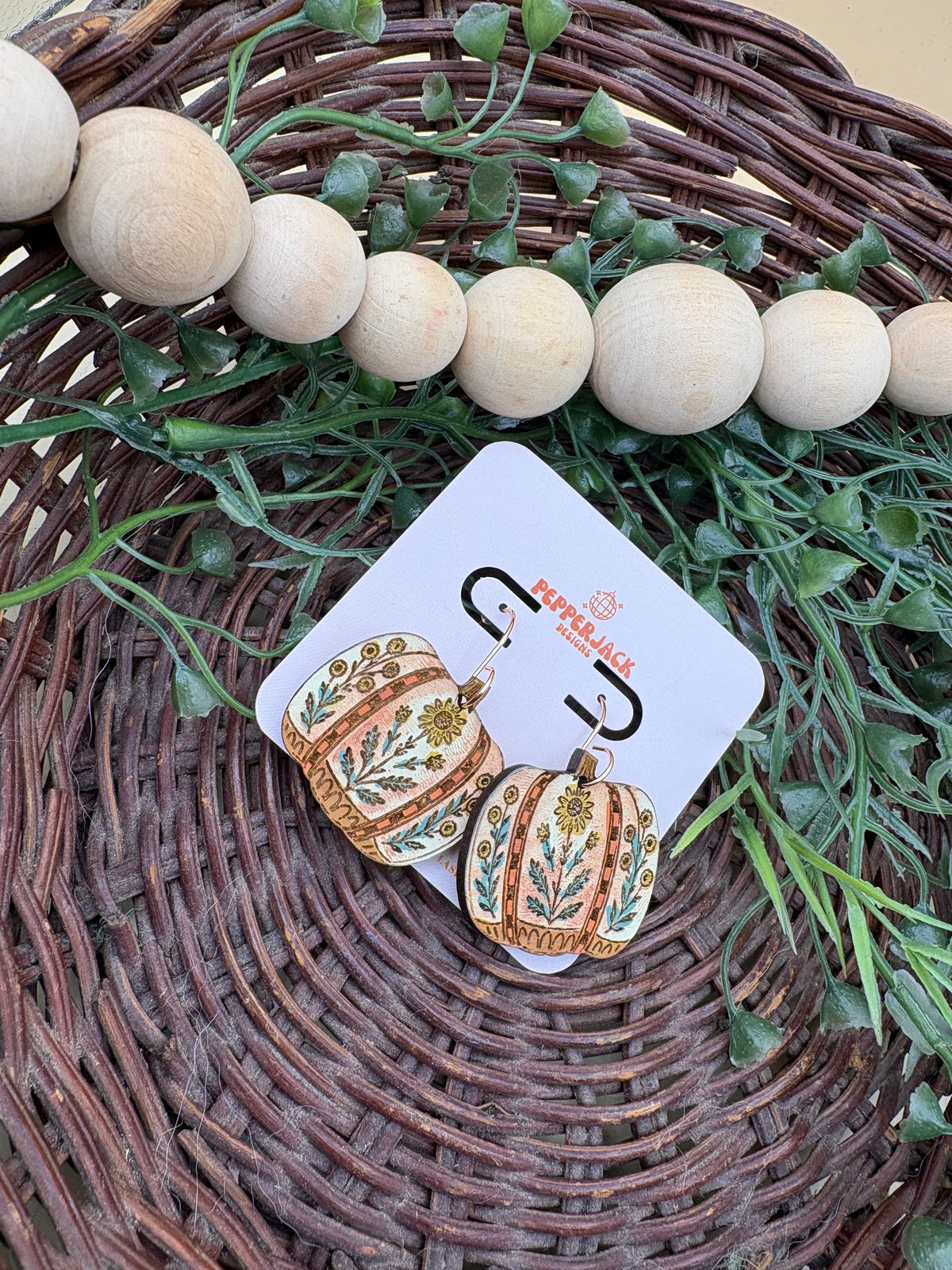 Hand Painted Floral Pumpkin Earrings | Wooden Fall Dangle Earrings | Boho Sunflower Pumpkin Jewelry | Hypoallergenic Stainless Steel Hooks