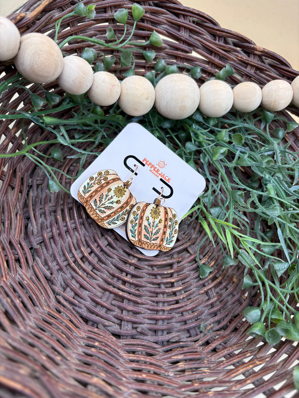 Hand Painted Floral Pumpkin Earrings | Wooden Fall Dangle Earrings | Boho Sunflower Pumpkin Jewelry | Hypoallergenic Stainless Steel Hooks