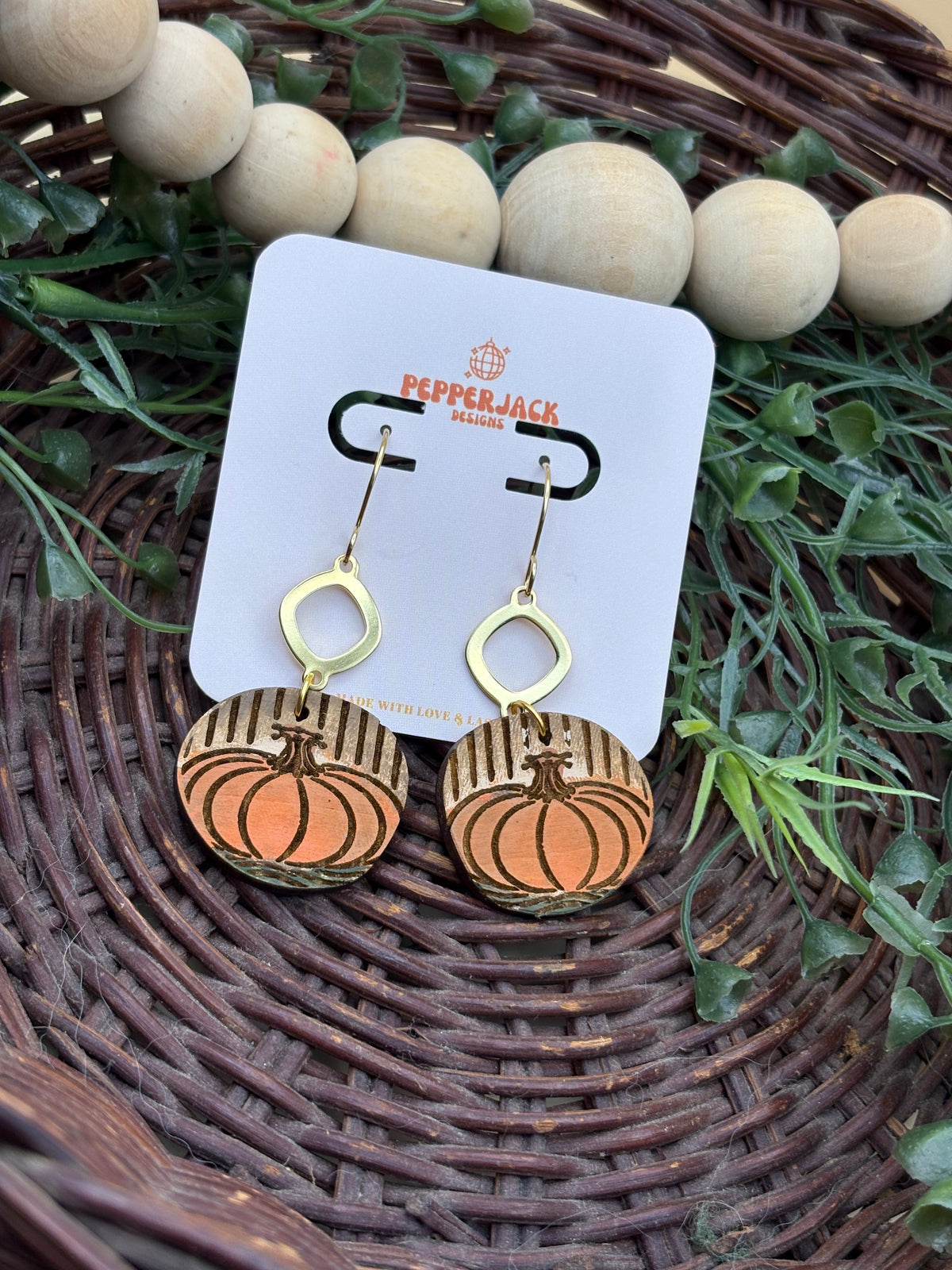 Hand Painted Pumpkin Earrings | Wooden Fall Dangle Earrings | Orange Pumpkin Jewelry | Gold Geometric Accents