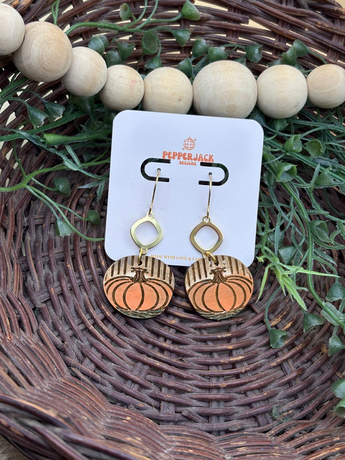 Hand Painted Pumpkin Earrings | Wooden Fall Dangle Earrings | Orange Pumpkin Jewelry | Gold Geometric Accents