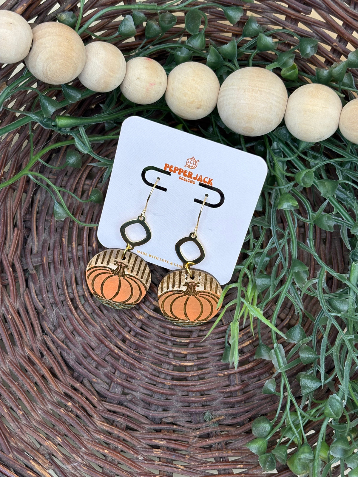 Hand Painted Pumpkin Earrings | Wooden Fall Dangle Earrings | Orange Pumpkin Jewelry | Gold Geometric Accents