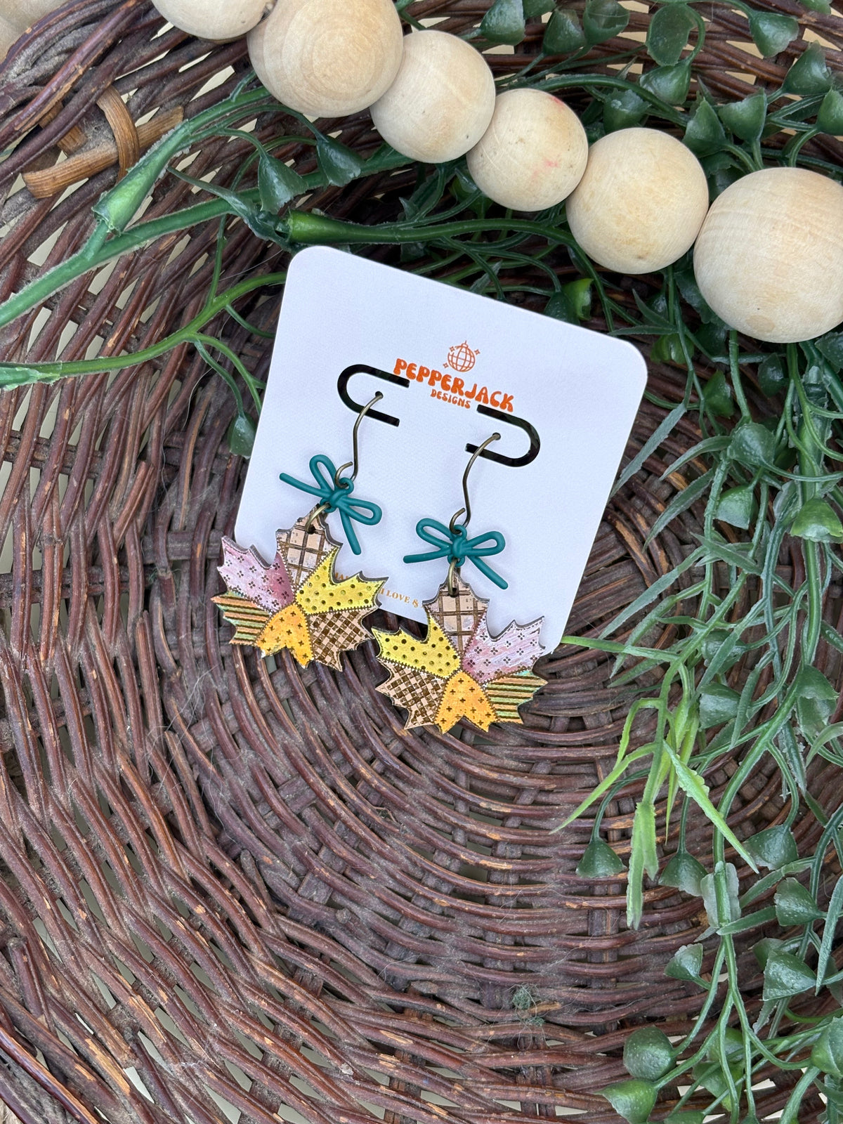 Hand Painted Fall Leaf Earrings | Wooden Autumn Dangle Earrings | Patchwork Maple Leaves with Teal Bows