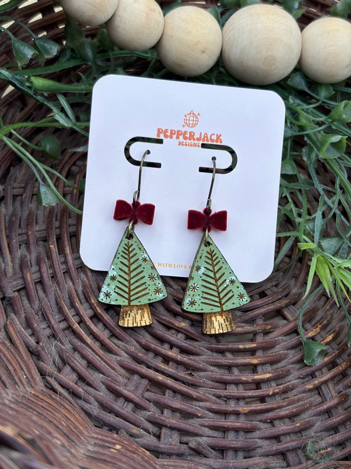 Hand Painted Christmas Tree Earrings | Wooden Holiday Dangle Earrings | 3 Festive Styles | Velvet Bow Christmas Jewelry