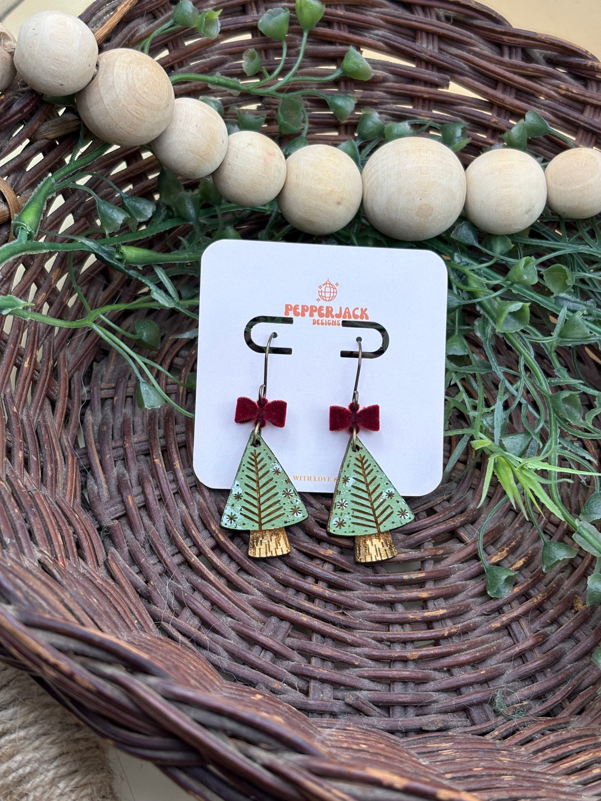 Hand Painted Christmas Tree Earrings | Wooden Holiday Dangle Earrings | 3 Festive Styles | Velvet Bow Christmas Jewelry