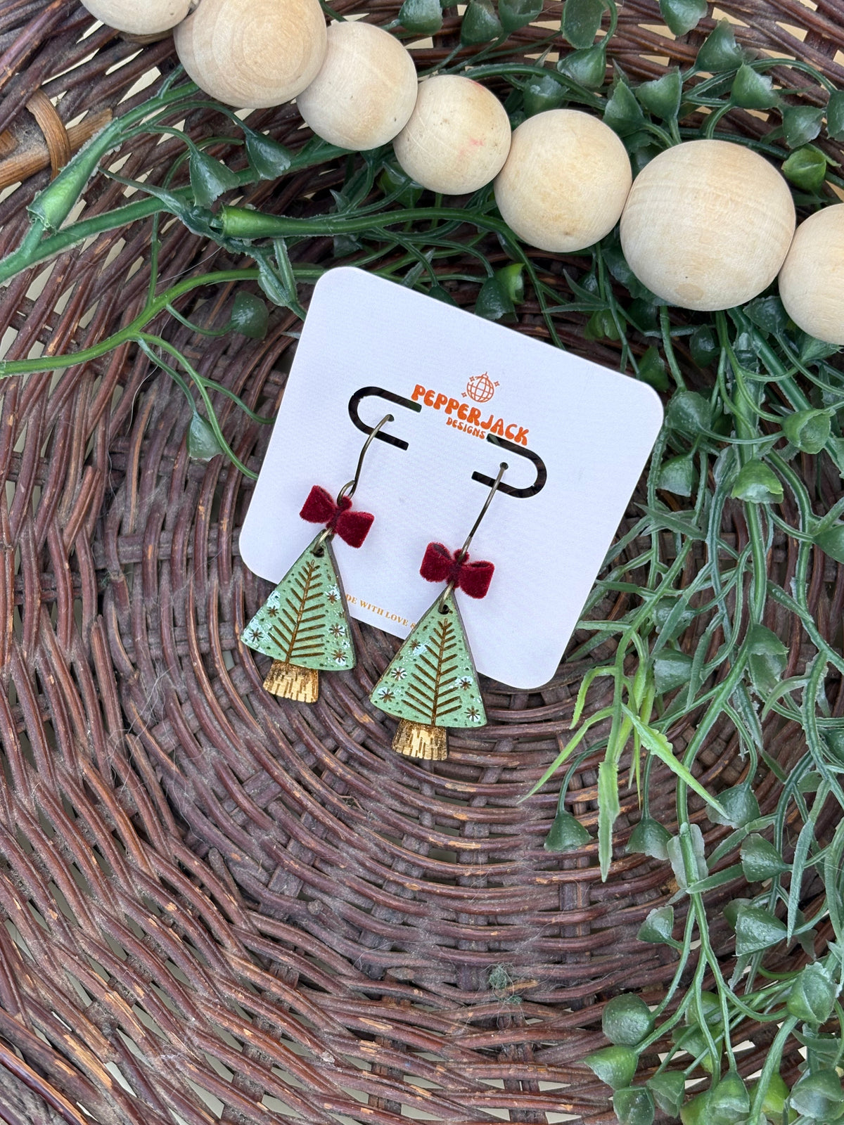 Hand Painted Christmas Tree Earrings | Wooden Holiday Dangle Earrings | 3 Festive Styles | Velvet Bow Christmas Jewelry