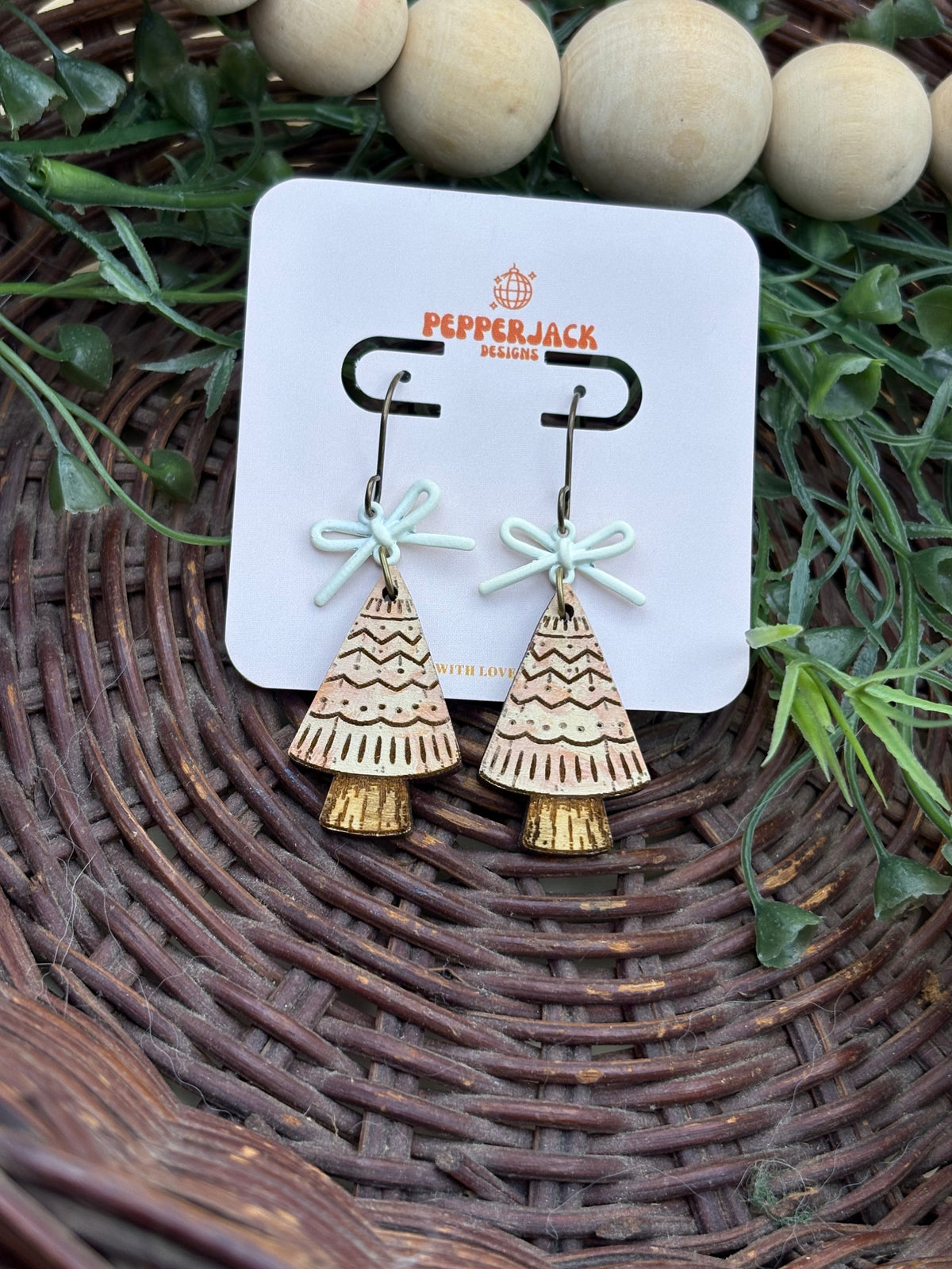 Hand Painted Christmas Tree Earrings | Wooden Holiday Dangle Earrings | 3 Festive Styles | Velvet Bow Christmas Jewelry