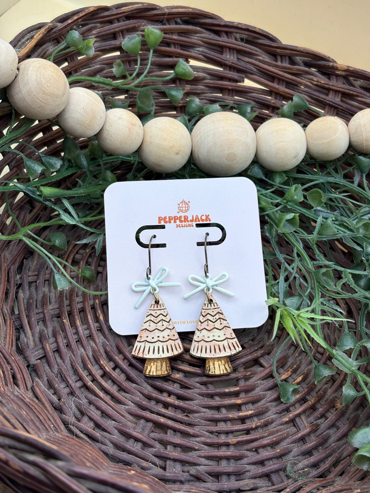 Hand Painted Christmas Tree Earrings | Wooden Holiday Dangle Earrings | 3 Festive Styles | Velvet Bow Christmas Jewelry