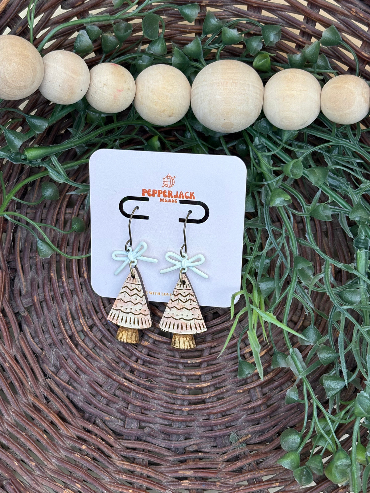 Hand Painted Christmas Tree Earrings | Wooden Holiday Dangle Earrings | 3 Festive Styles | Velvet Bow Christmas Jewelry