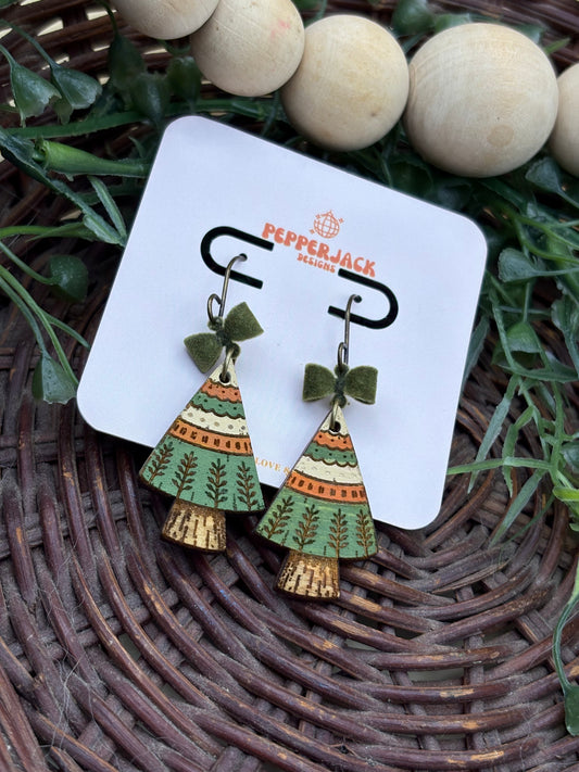 Hand Painted Christmas Tree Earrings | Wooden Holiday Dangle Earrings | 3 Festive Styles | Velvet Bow Christmas Jewelry