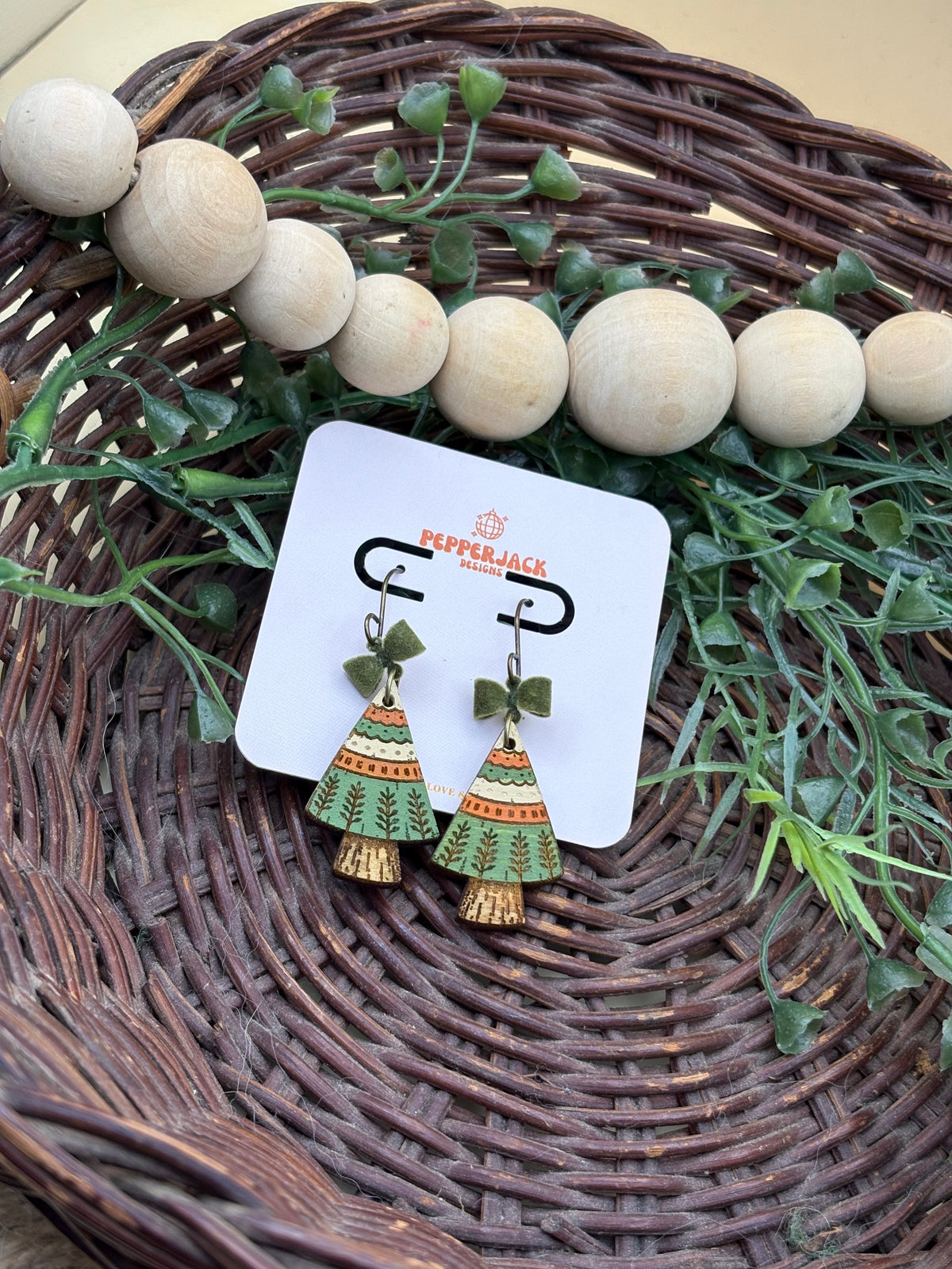 Hand Painted Christmas Tree Earrings | Wooden Holiday Dangle Earrings | 3 Festive Styles | Velvet Bow Christmas Jewelry