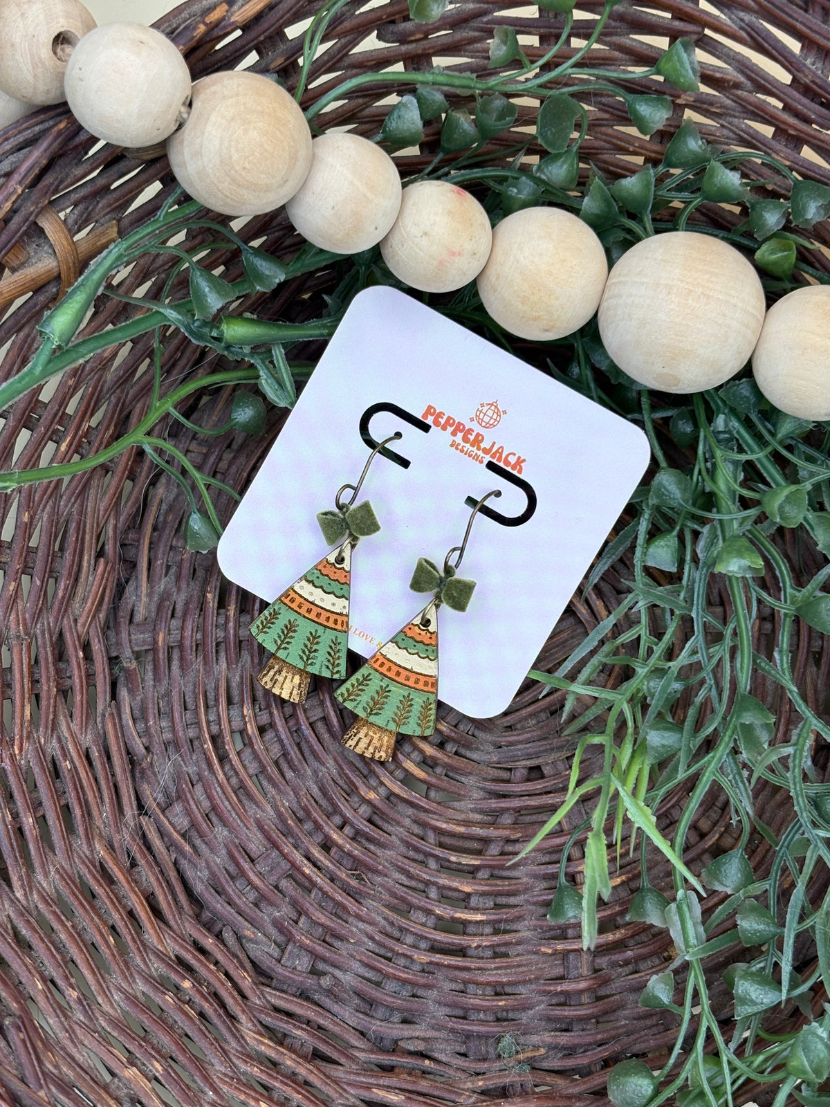 Hand Painted Christmas Tree Earrings | Wooden Holiday Dangle Earrings | 3 Festive Styles | Velvet Bow Christmas Jewelry