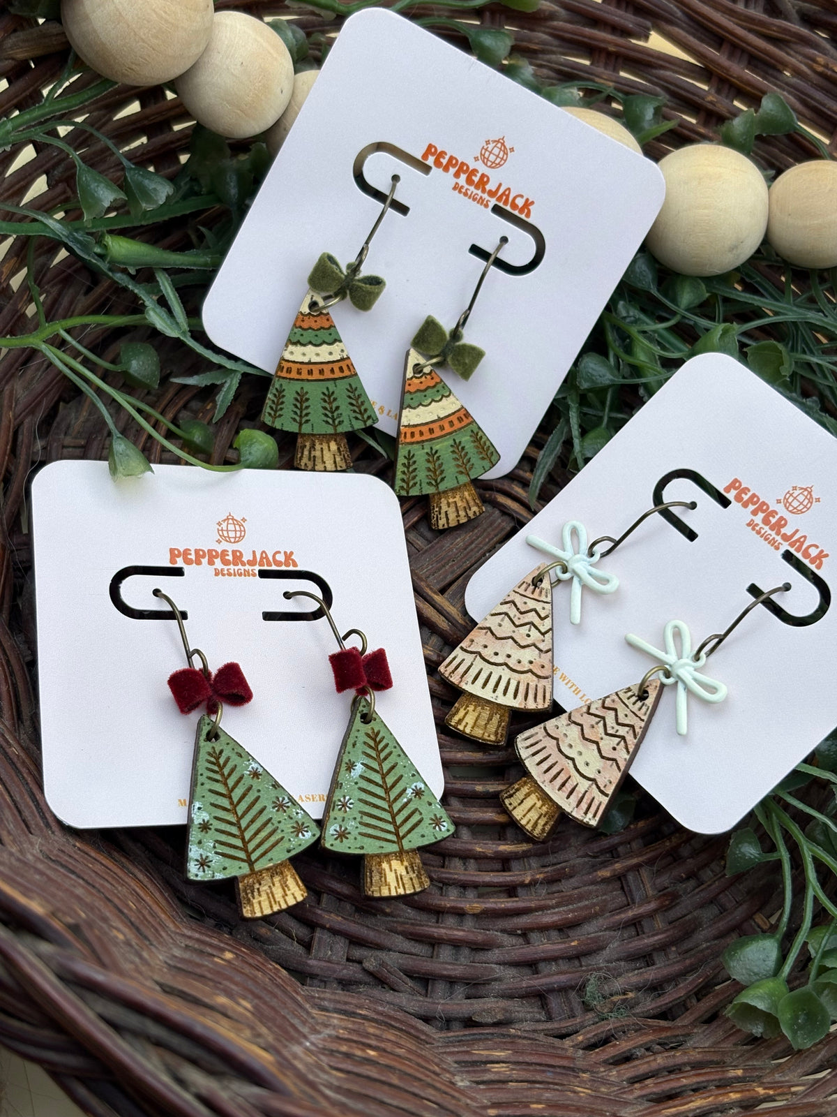 Hand Painted Christmas Tree Earrings | Wooden Holiday Dangle Earrings | 3 Festive Styles | Velvet Bow Christmas Jewelry